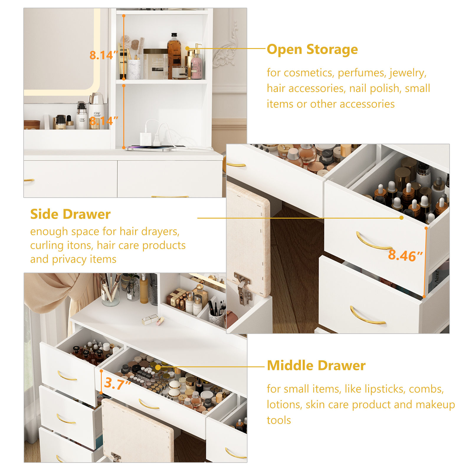 47" Large Vanity Desk with LED Lighted Mirror & Power Outlet & 7 Drawers