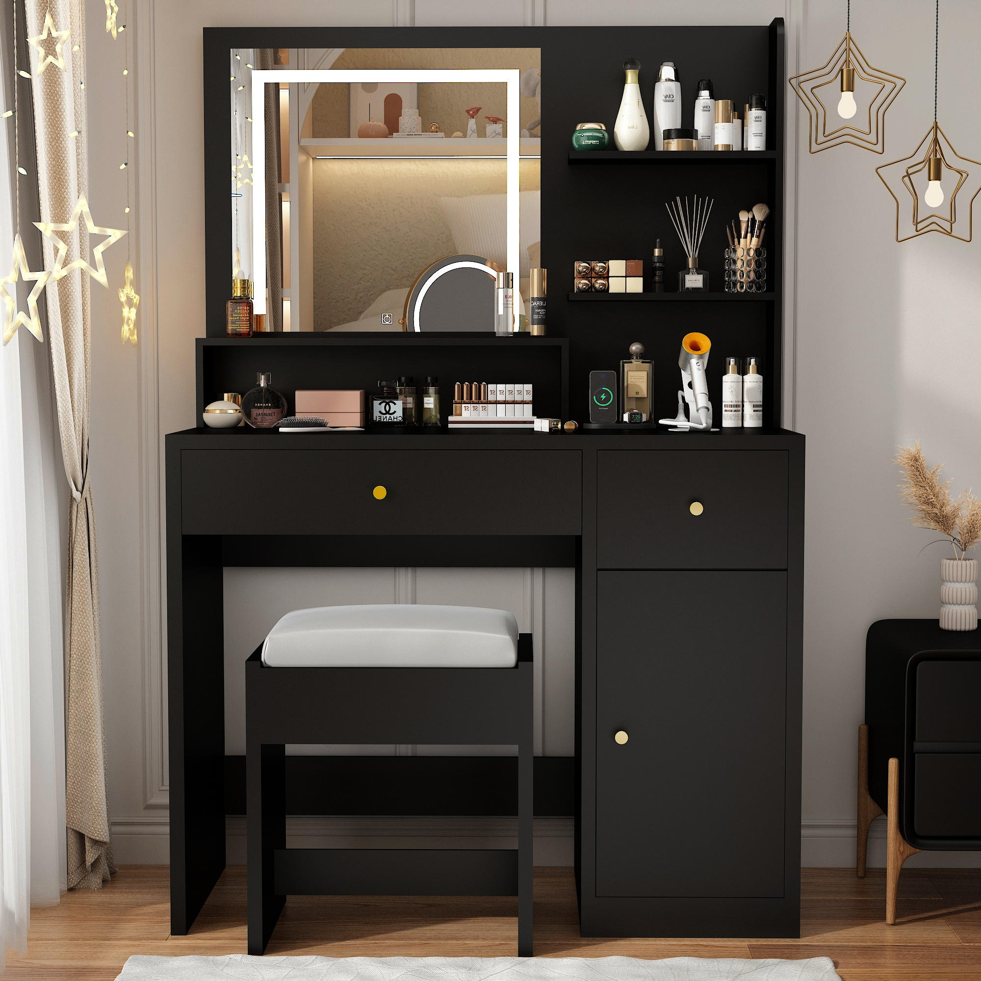 37" Vanity Desk Set with LED Light Mirror For Girls