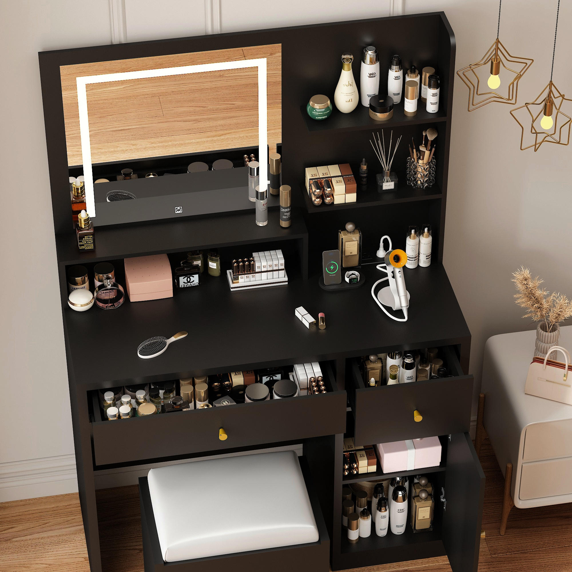 37" Vanity Desk Set with LED Light Mirror For Girls