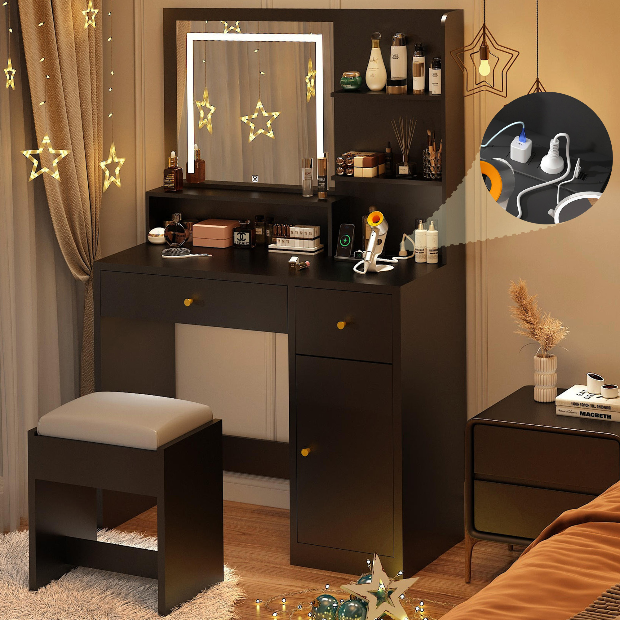 37" Vanity Desk Set with LED Light Mirror For Girls