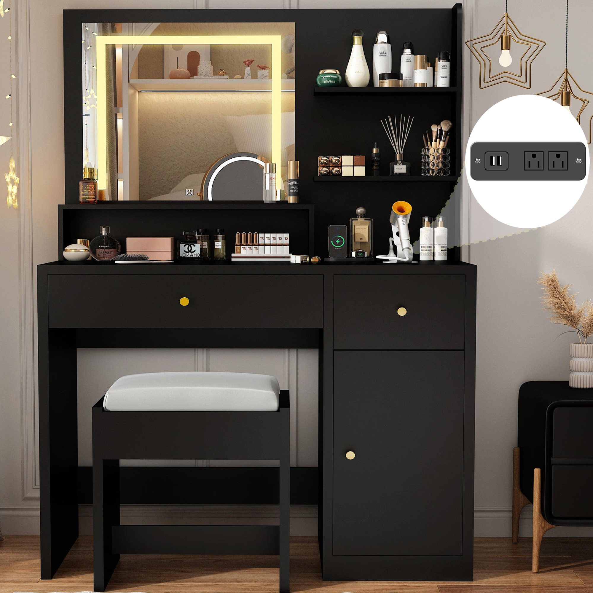 37" Vanity Desk Set with LED Light Mirror For Girls