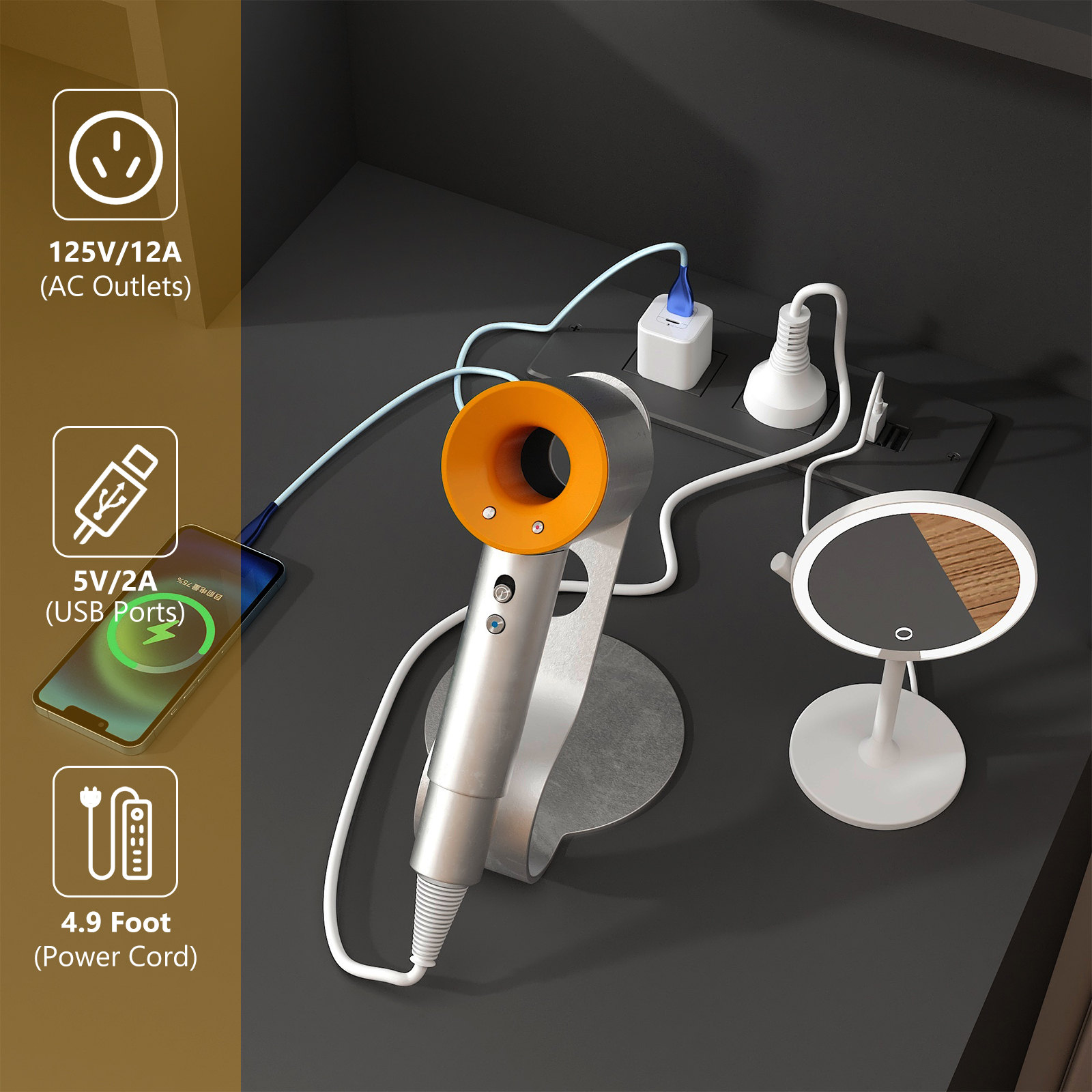 37" Vanity Desk Set with LED Light Mirror For Girls