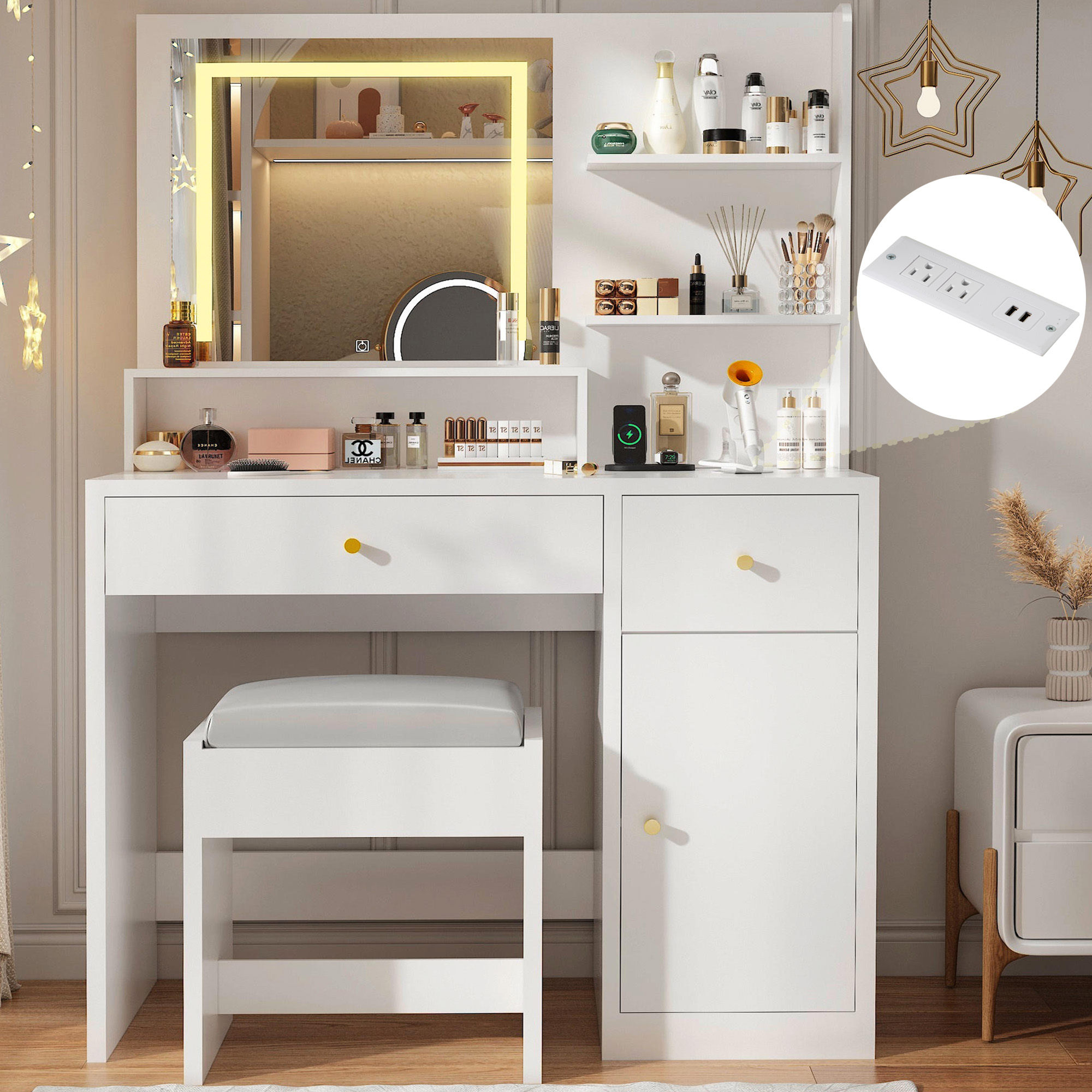 37" Vanity Desk Set with LED Light Mirror For Girls