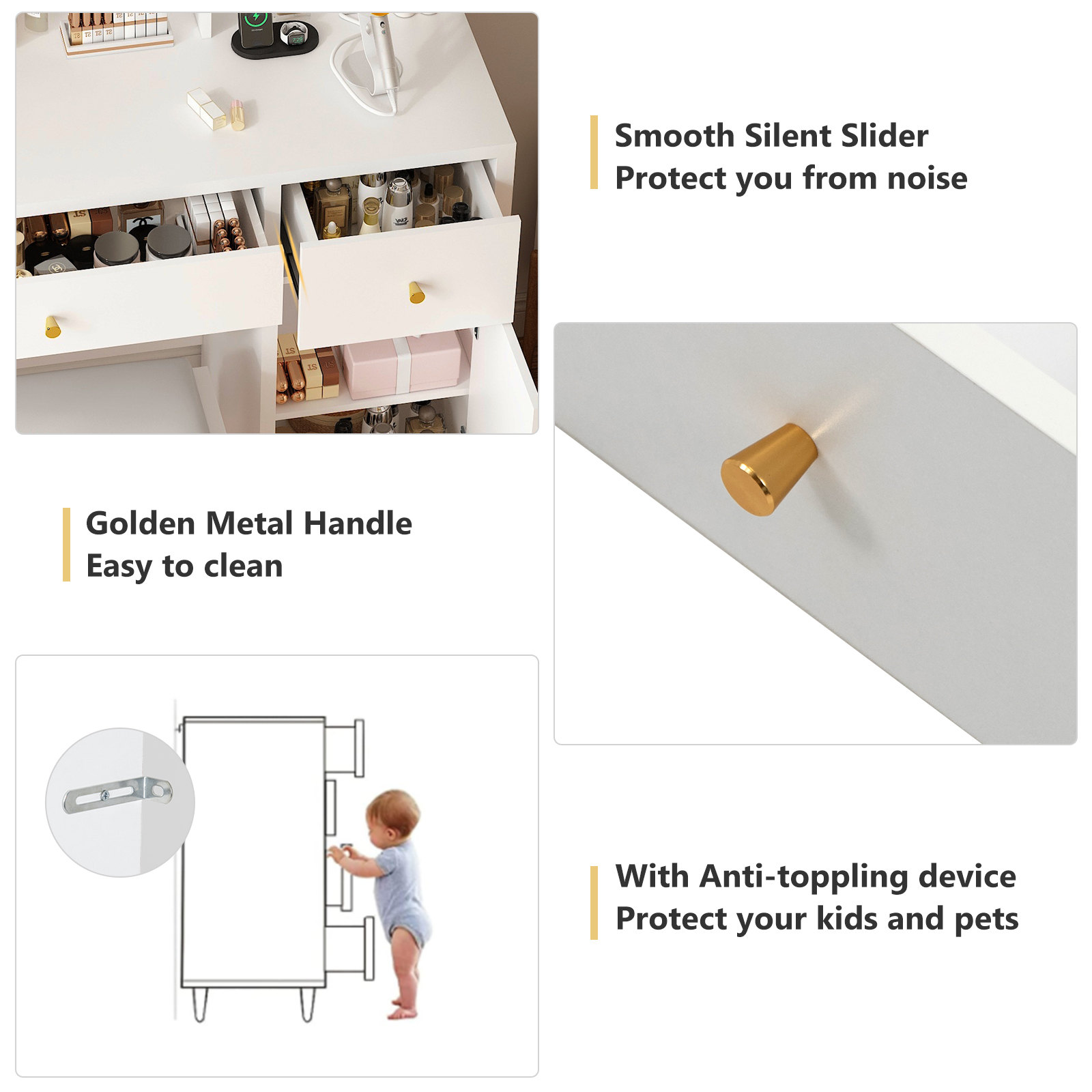 37" Vanity Desk Set with LED Light Mirror For Girls