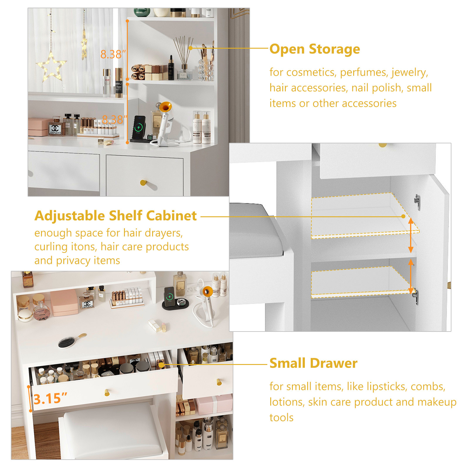 37" Vanity Desk Set with LED Light Mirror For Girls