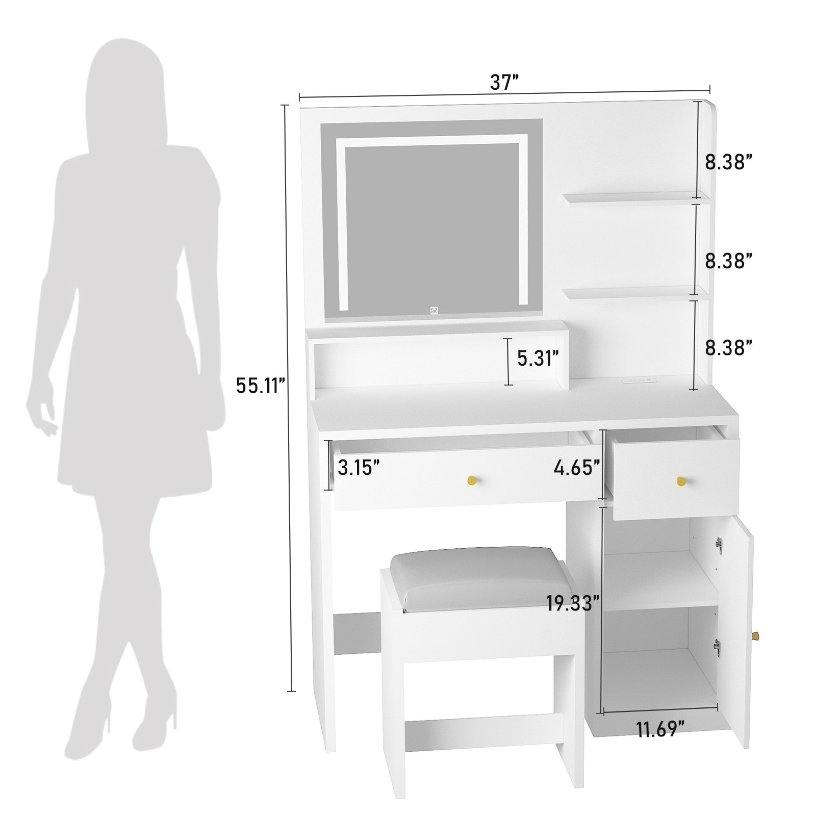 37" Vanity Desk Set with LED Light Mirror For Girls