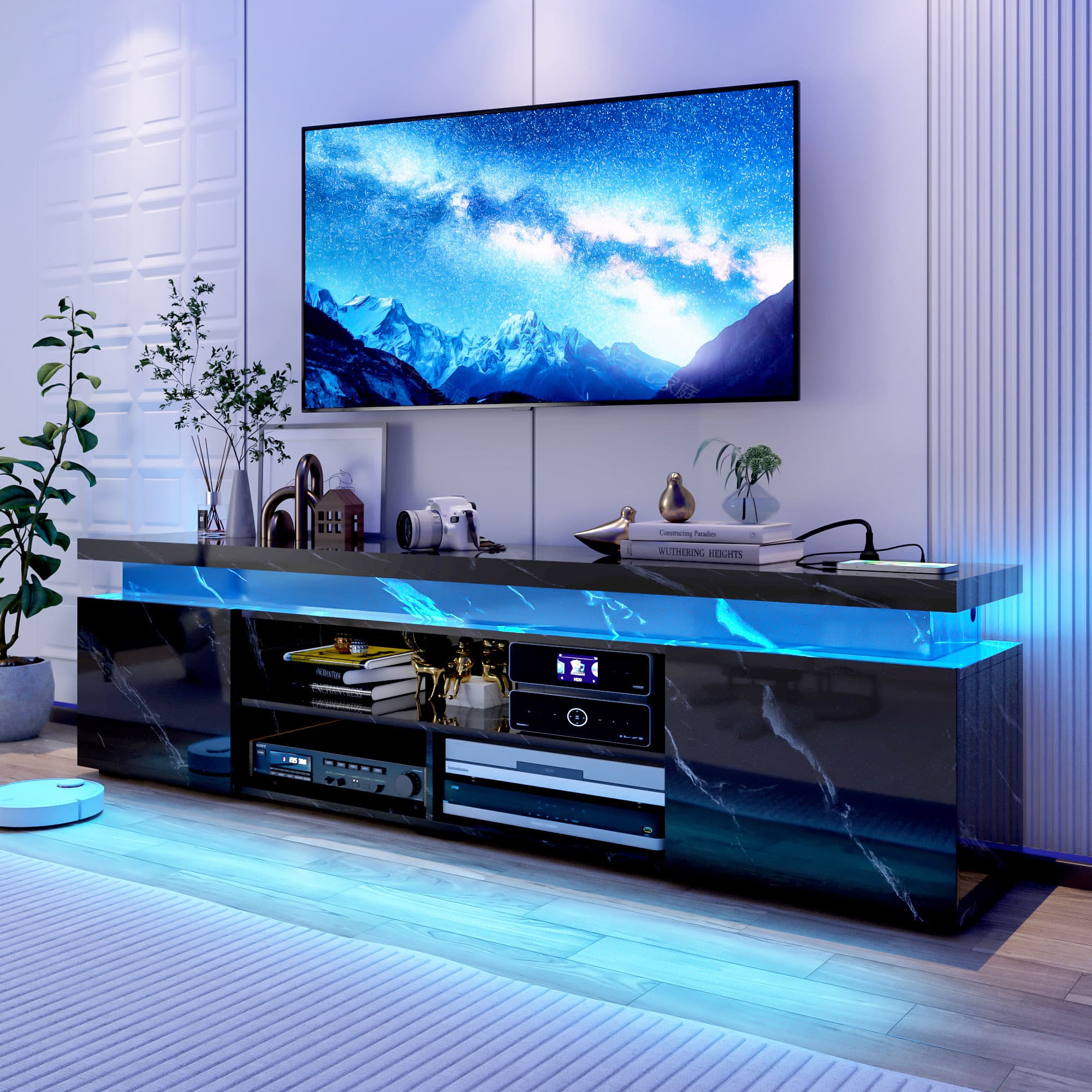 LED TV Stand for up to 85" TVs with Power Outlet, 75" Marble TV Stand