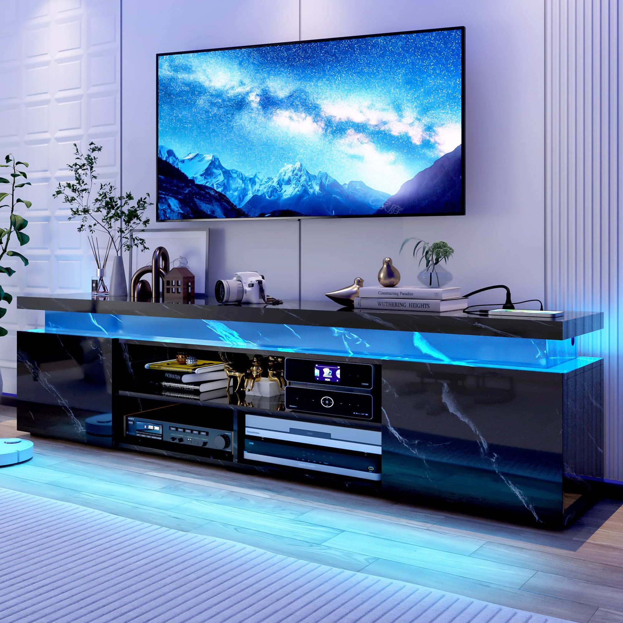 LED TV Stand for up to 85" TVs with Power Outlet, 75" Marble TV Stand