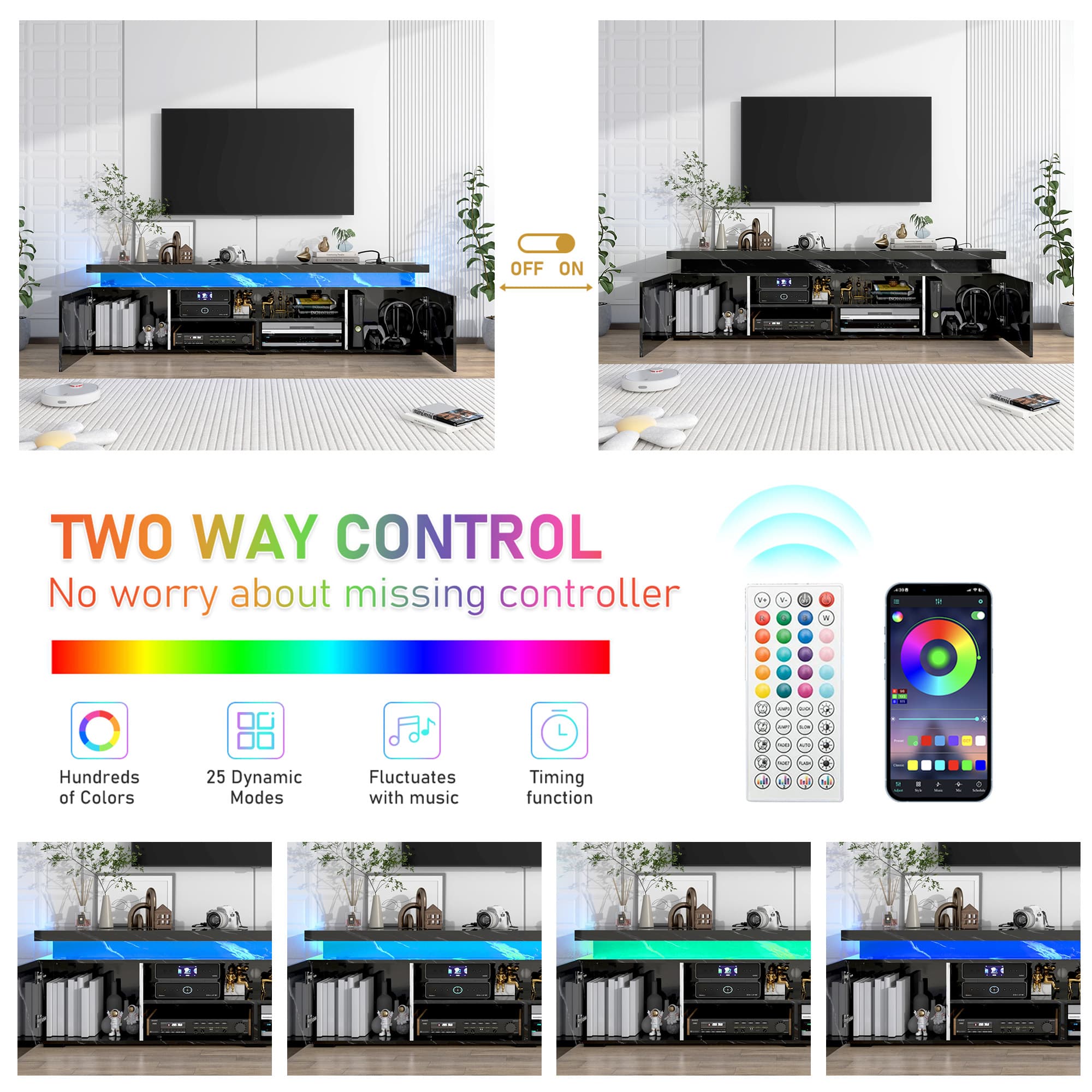 LED TV Stand for up to 85" TVs with Power Outlet, 75" Marble TV Stand