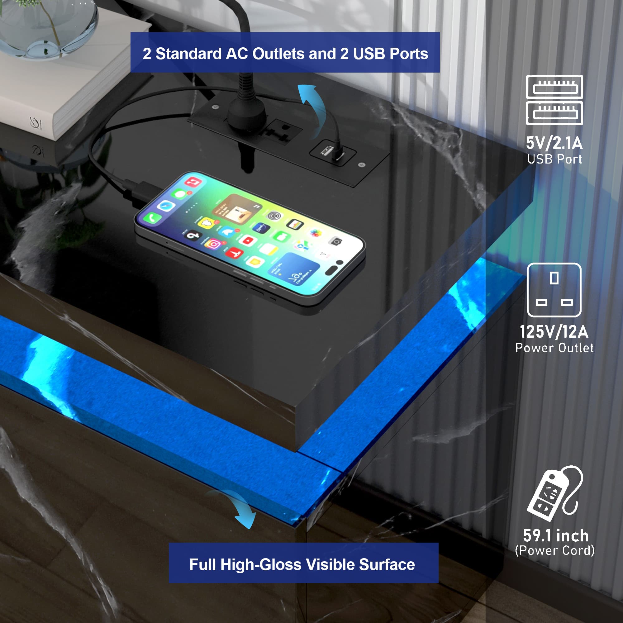 LED TV Stand for up to 85" TVs with Power Outlet, 75" Marble TV Stand