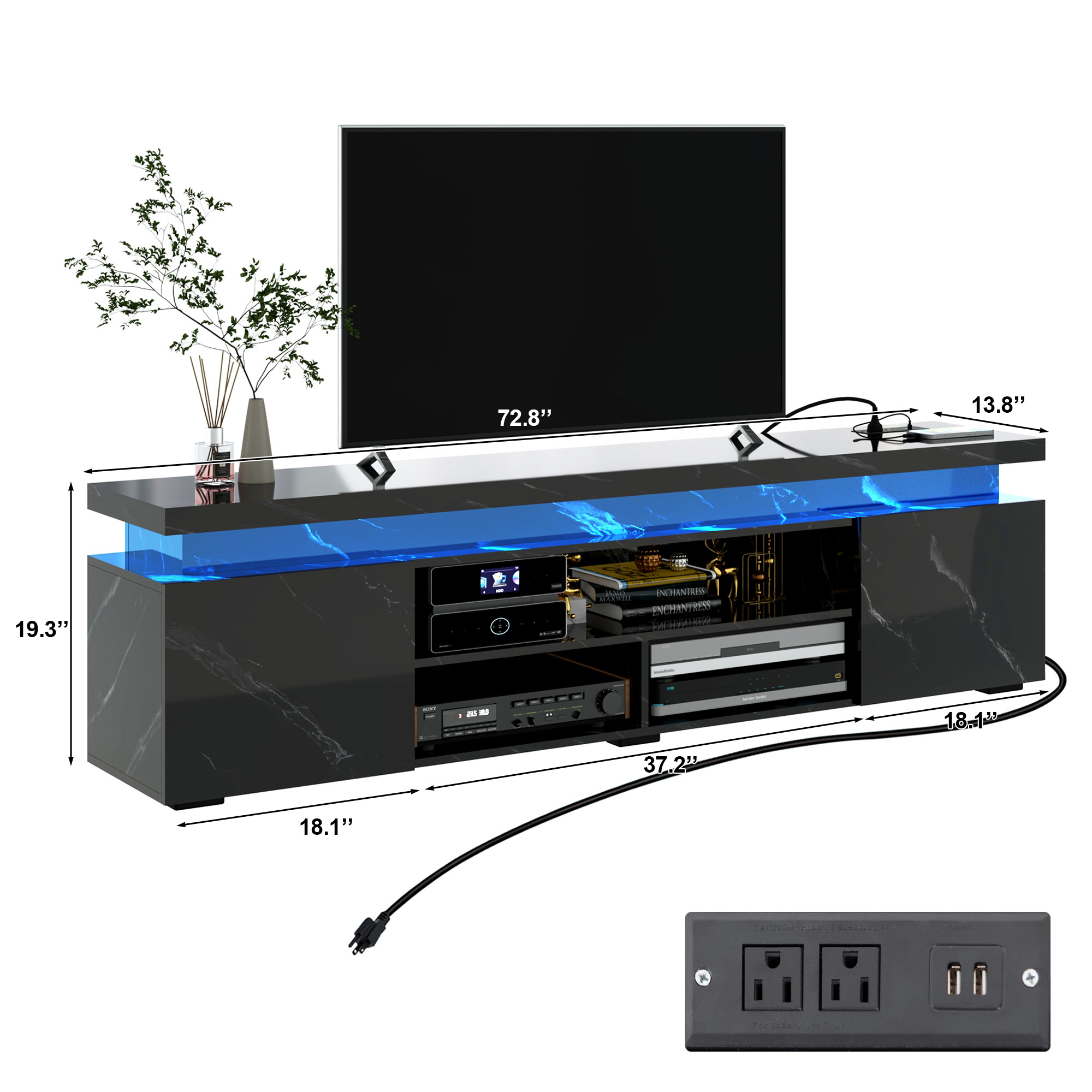 LED TV Stand for up to 85" TVs with Power Outlet, 75" Marble TV Stand