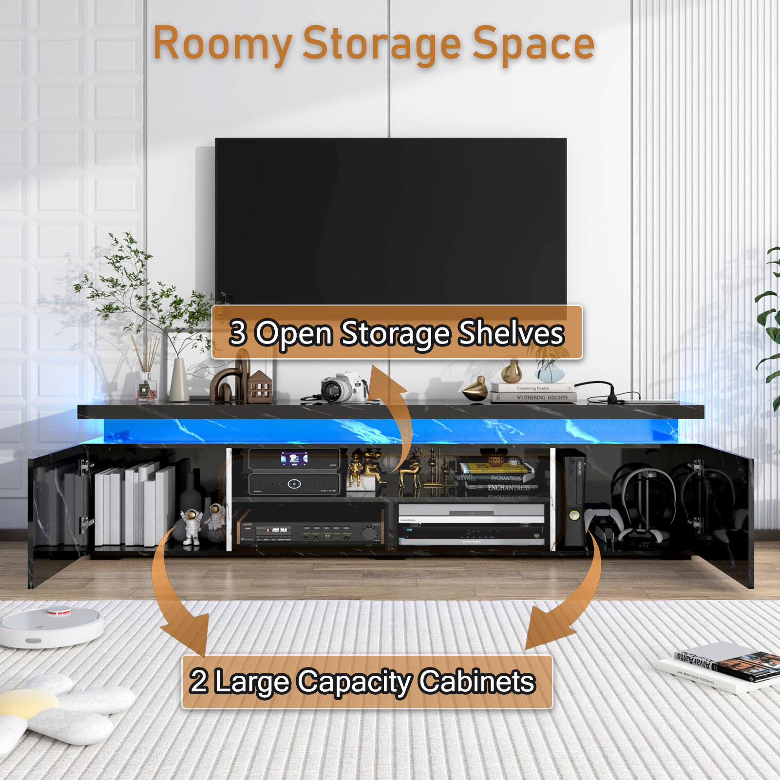 LED TV Stand for up to 85" TVs with Power Outlet, 75" Marble TV Stand