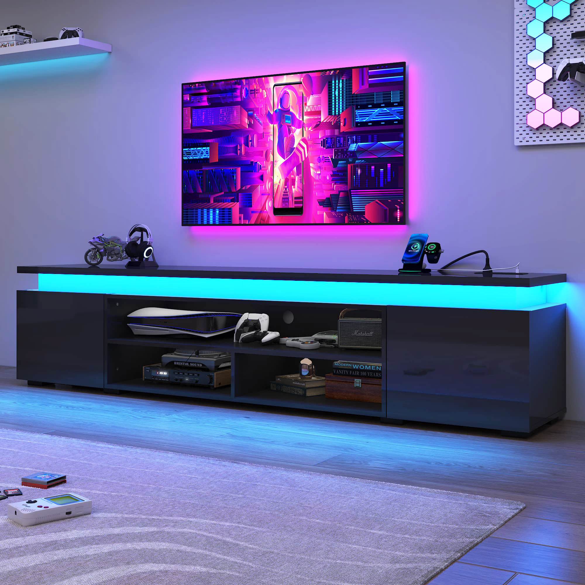 66" LED TV Stand for TVs up to 75" with Power Outlet & LED Lights