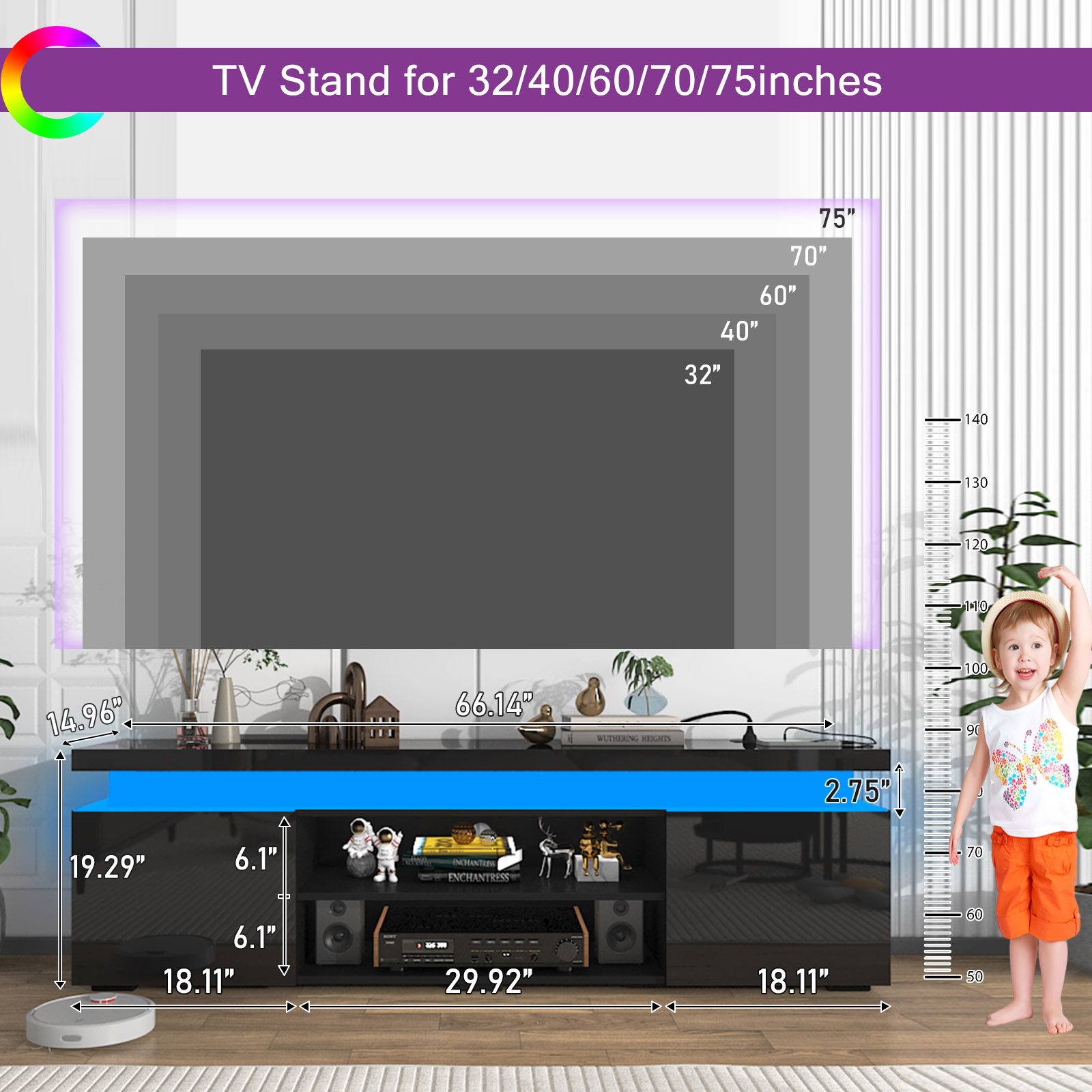 LED TV Stand with Power Outlet for 75"-90" TVs