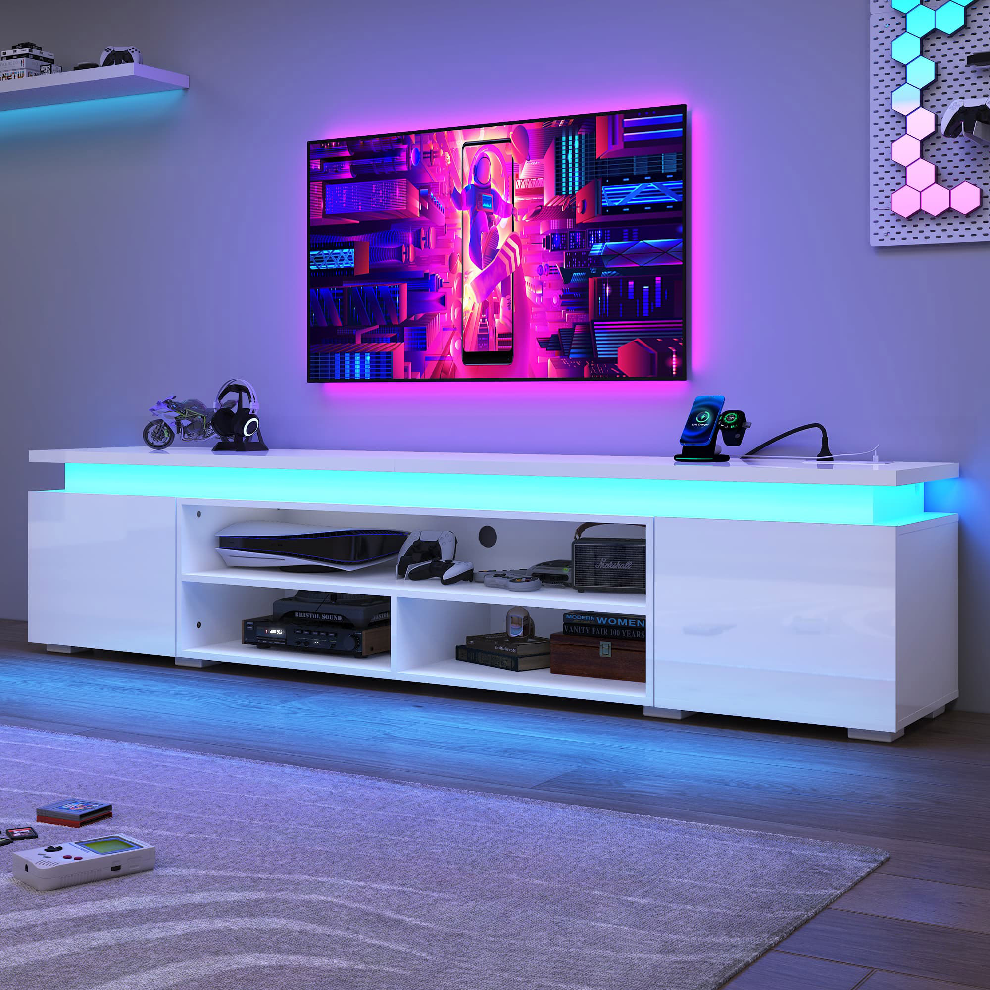 66" LED TV Stand for TVs up to 75" with Power Outlet & LED Lights