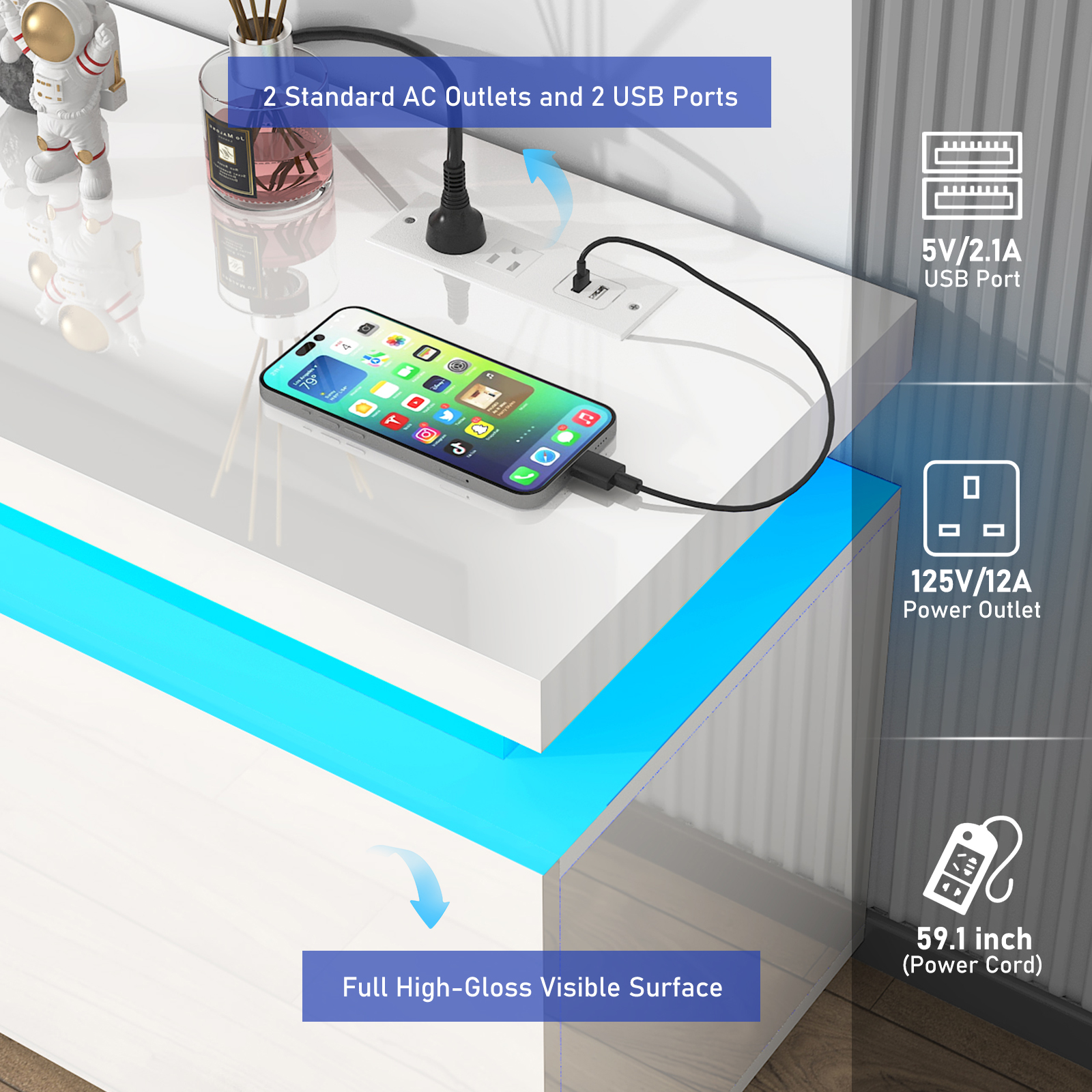 66" LED TV Stand for TVs up to 75" with Power Outlet & LED Lights