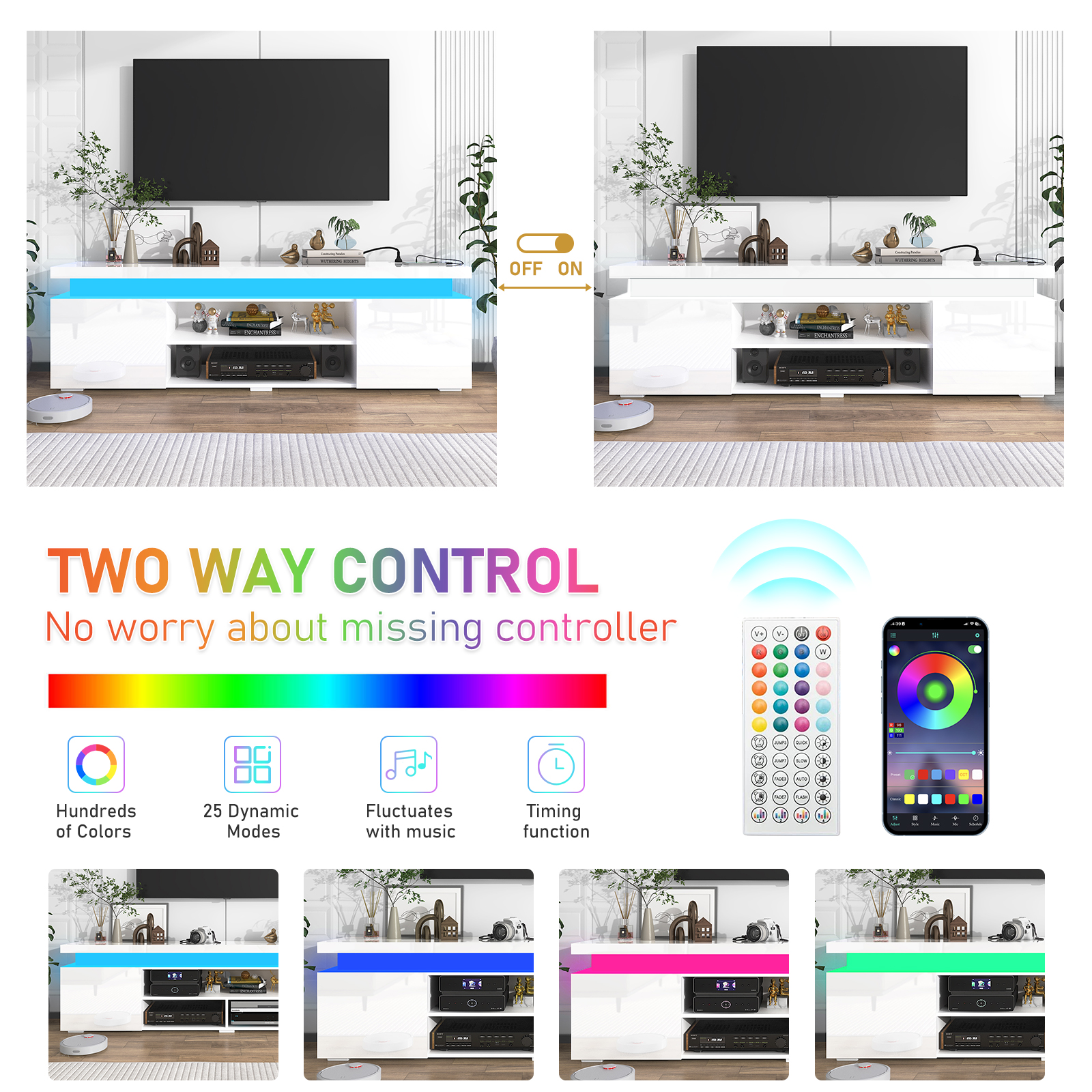 66" LED TV Stand for TVs up to 75" with Power Outlet & LED Lights