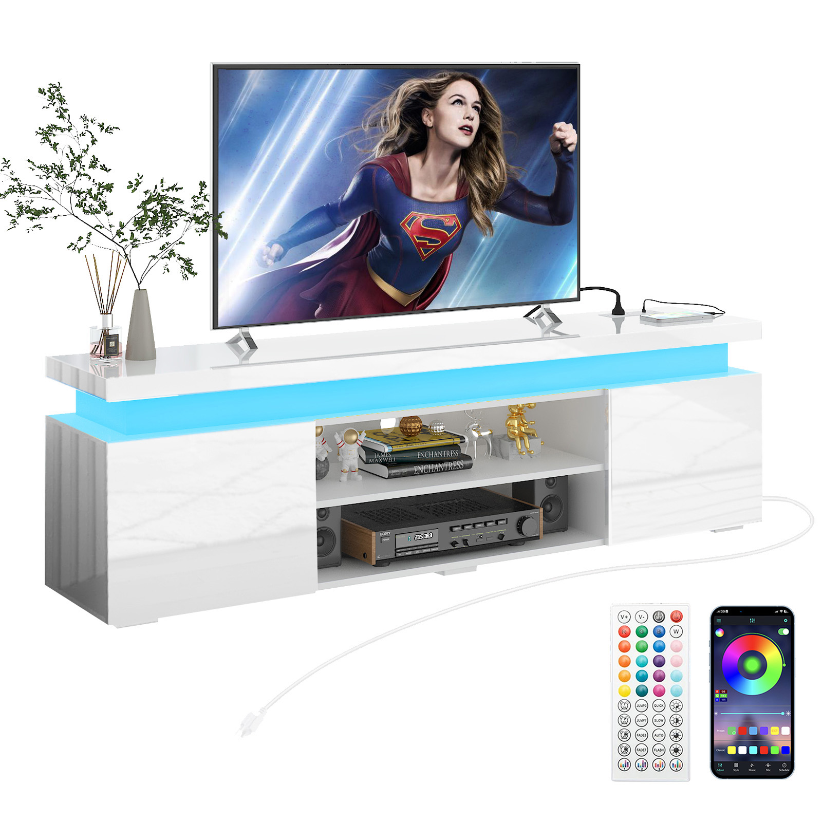 66" LED TV Stand for TVs up to 75" with Power Outlet & LED Lights