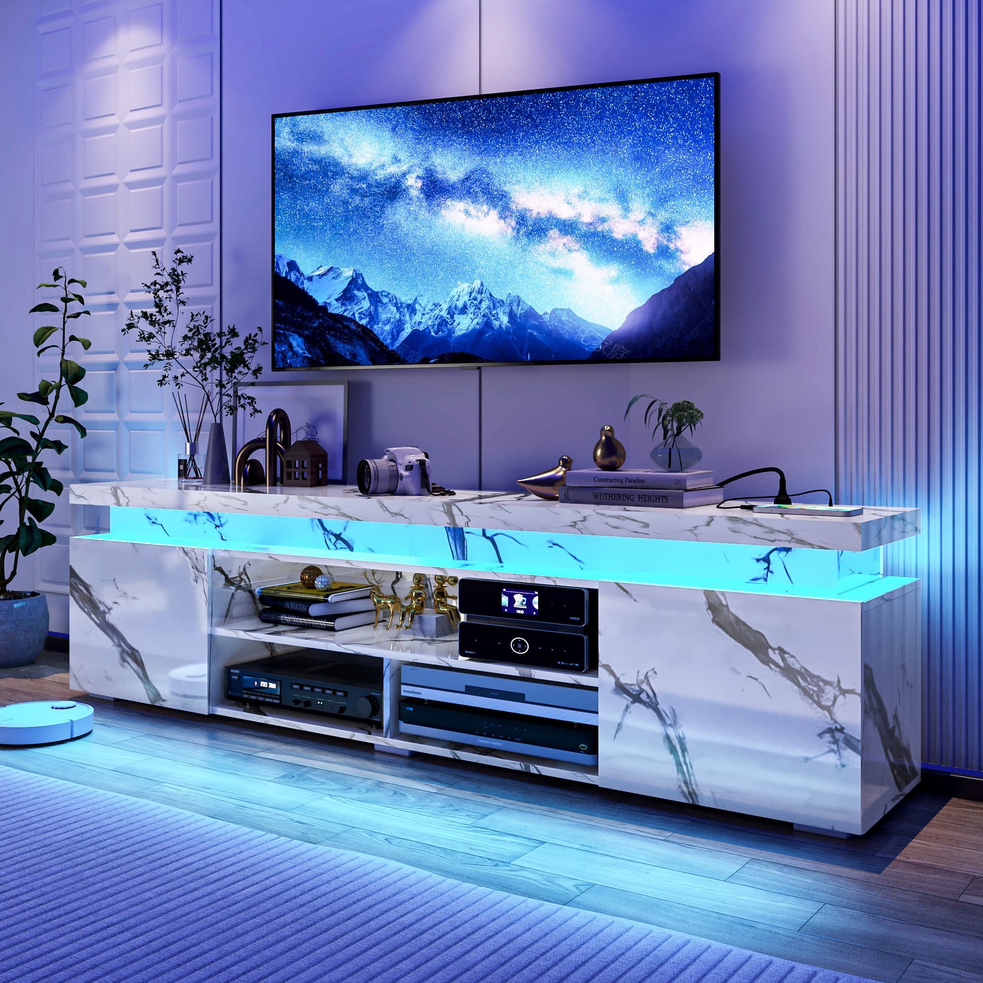 LED TV Stand for up to 85" TVs with Power Outlet, 75" Marble TV Stand