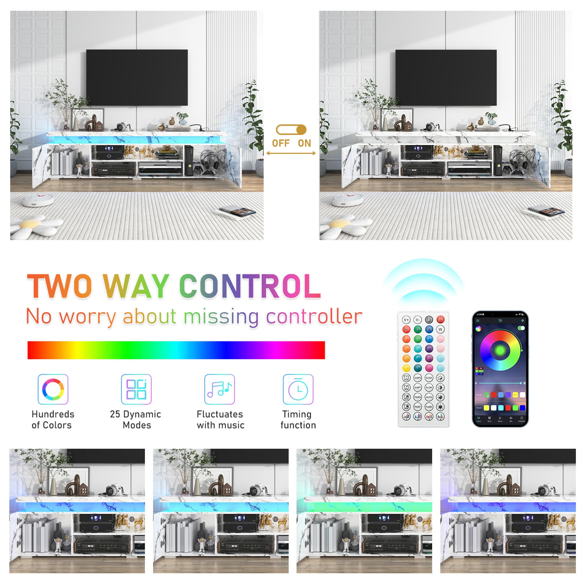 LED TV Stand for up to 85" TVs with Power Outlet, 75" Marble TV Stand