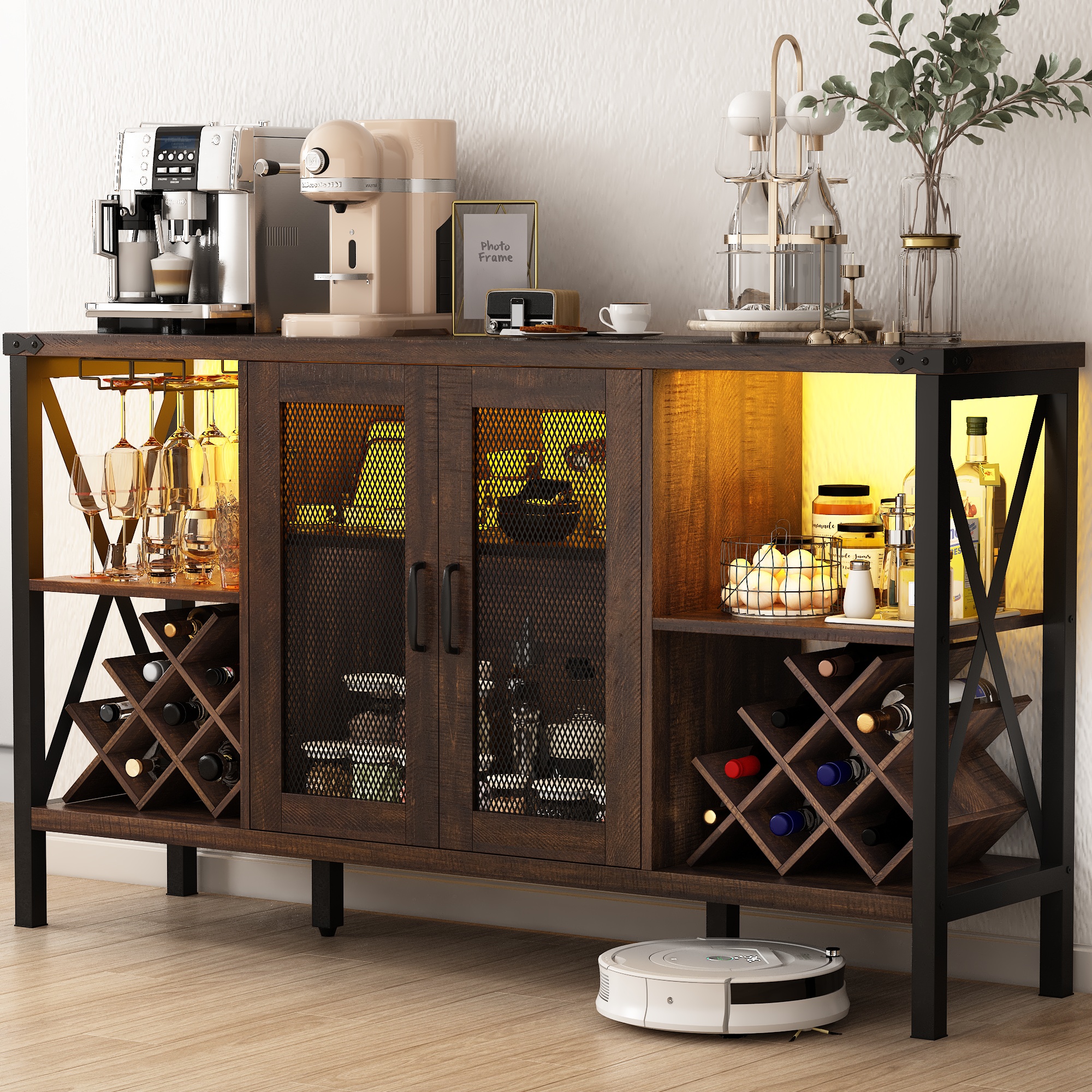 Wine Bar Cabinet with Power Outlet & LED Light, Wine Bar Stand for Liquor & Glass Industrial Coffee Bar Cabinet for Kitchen, Dining Room, Gray