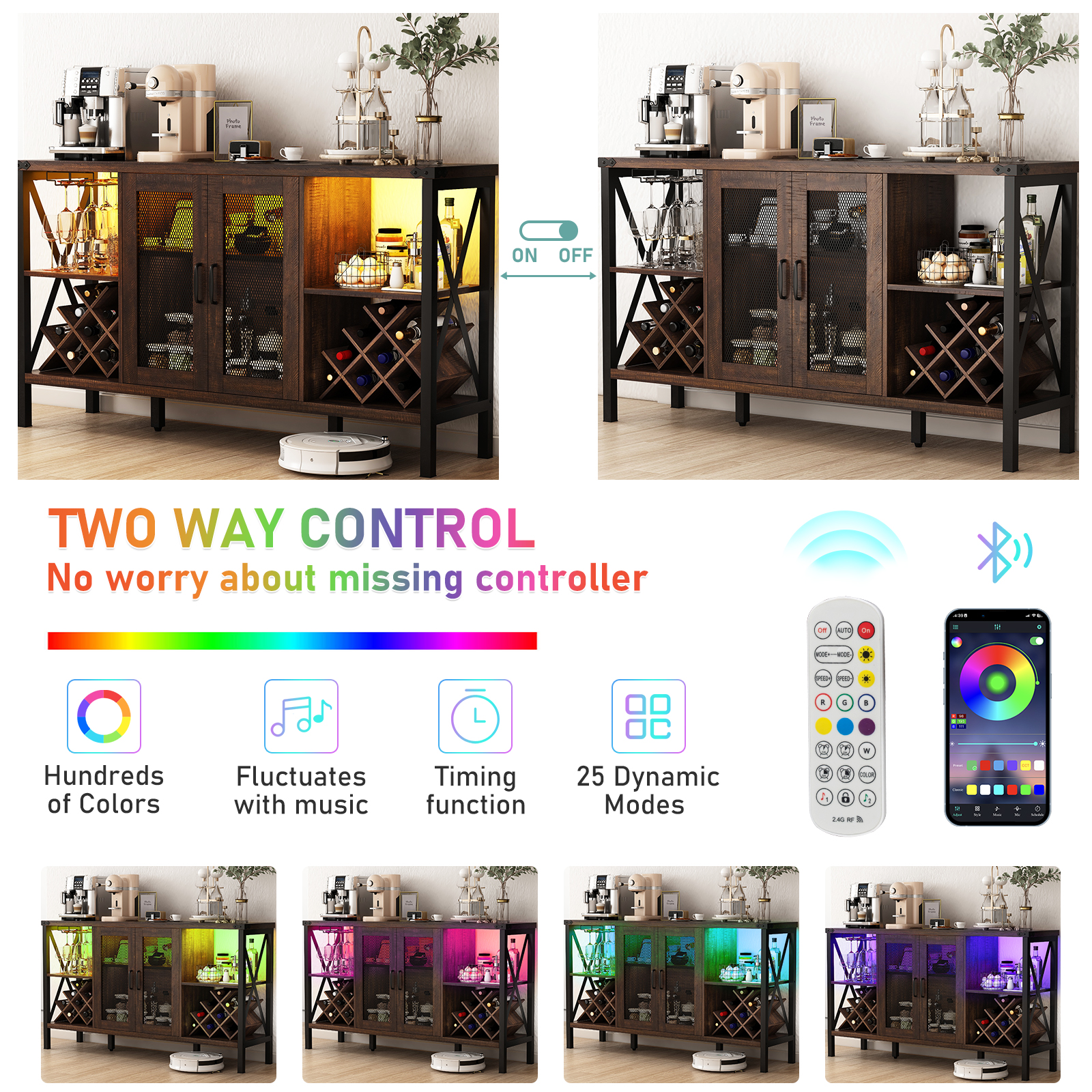 Wine Bar Cabinet with Power Outlet & LED Light, Wine Bar Stand for Liquor & Glass Industrial Coffee Bar Cabinet for Kitchen, Dining Room, Gray