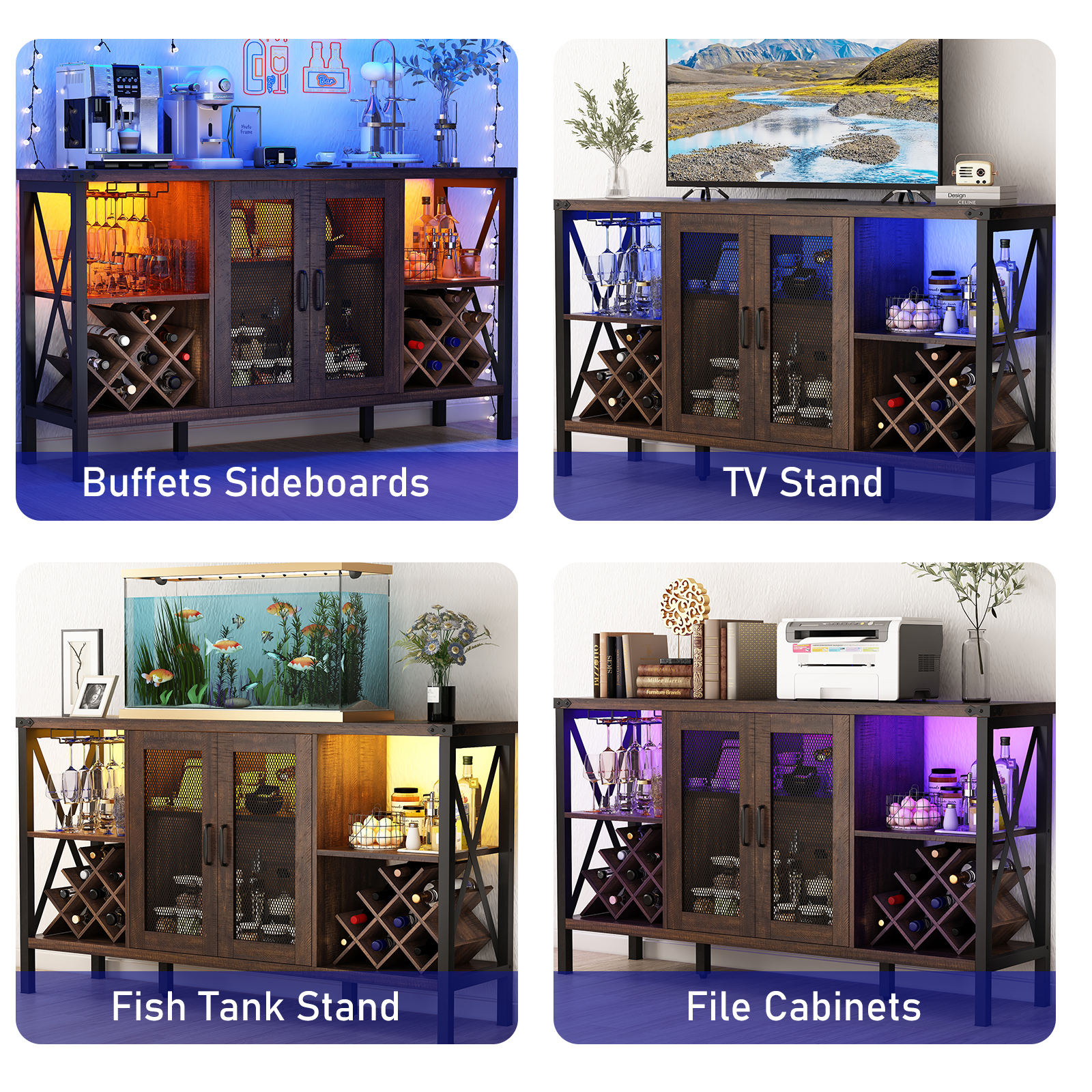 Wine Bar Cabinet with Power Outlet & LED Light, Wine Bar Stand for Liquor & Glass Industrial Coffee Bar Cabinet for Kitchen, Dining Room, Gray