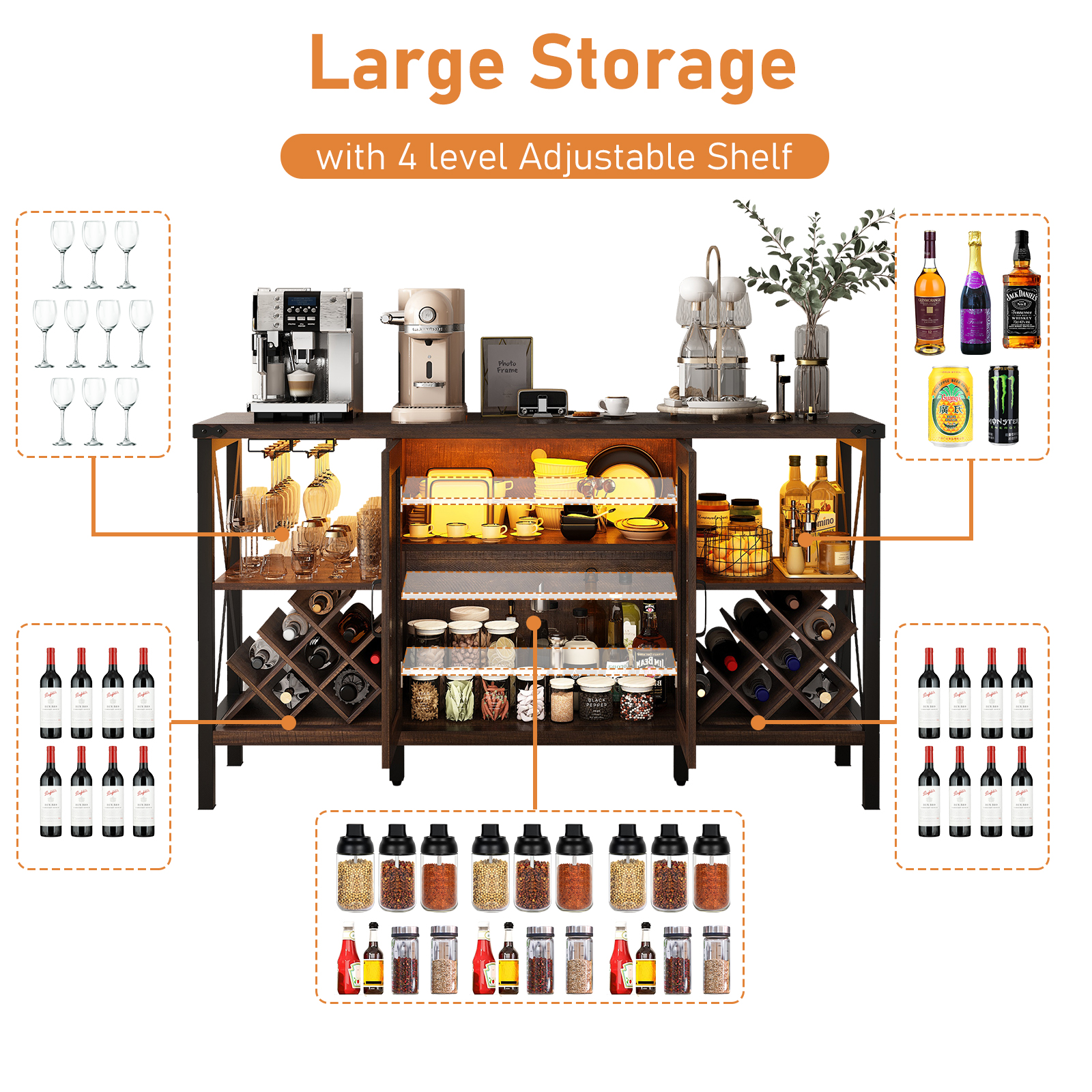 Wine Bar Cabinet with Power Outlet & LED Light, Wine Bar Stand for Liquor & Glass Industrial Coffee Bar Cabinet for Kitchen, Dining Room, Gray