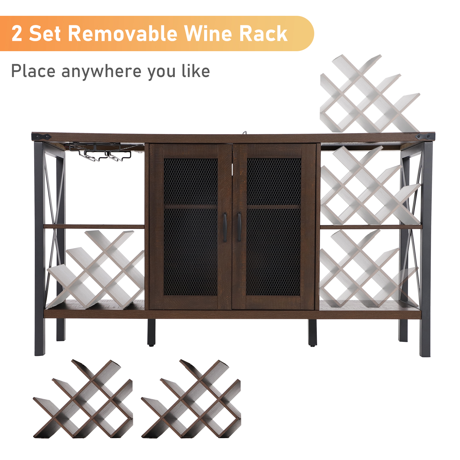 Wine Bar Cabinet with Power Outlet & LED Light, Wine Bar Stand for Liquor & Glass Industrial Coffee Bar Cabinet for Kitchen, Dining Room, Gray