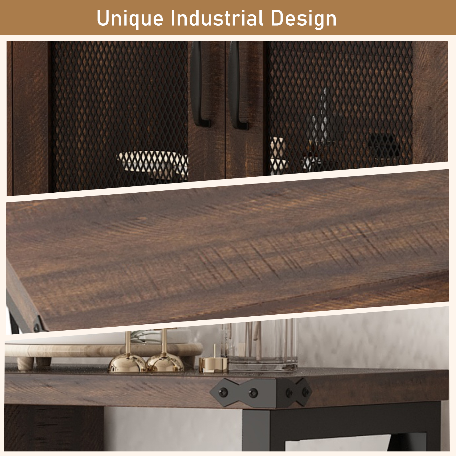 Wine Bar Cabinet with Power Outlet & LED Light, Wine Bar Stand for Liquor & Glass Industrial Coffee Bar Cabinet for Kitchen, Dining Room, Gray