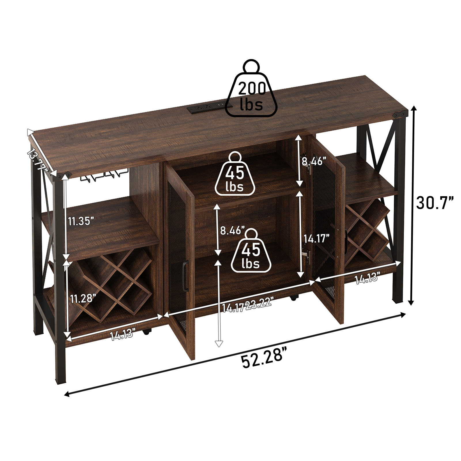 Wine Bar Cabinet with Power Outlet & LED Light, Wine Bar Stand for Liquor & Glass Industrial Coffee Bar Cabinet for Kitchen, Dining Room, Gray