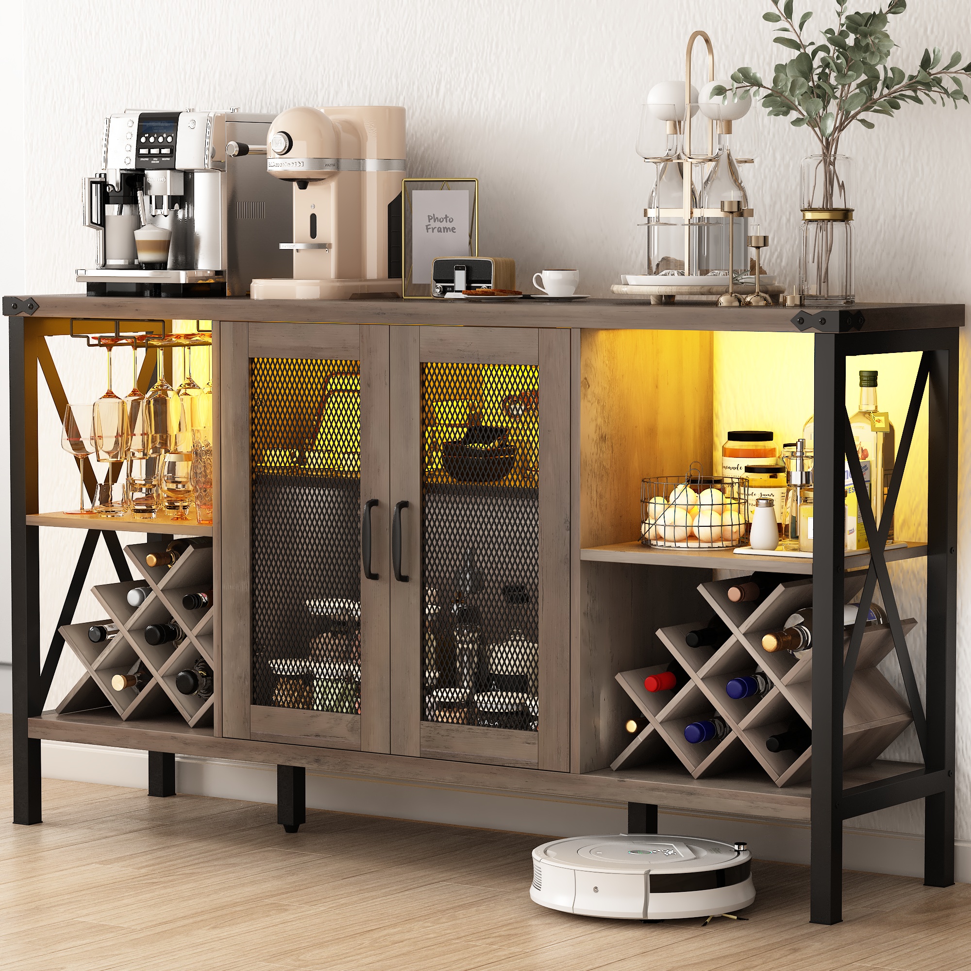 Wine Bar Cabinet with Power Outlet & LED Light, Wine Bar Stand for Liquor & Glass Industrial Coffee Bar Cabinet for Kitchen, Dining Room, Gray