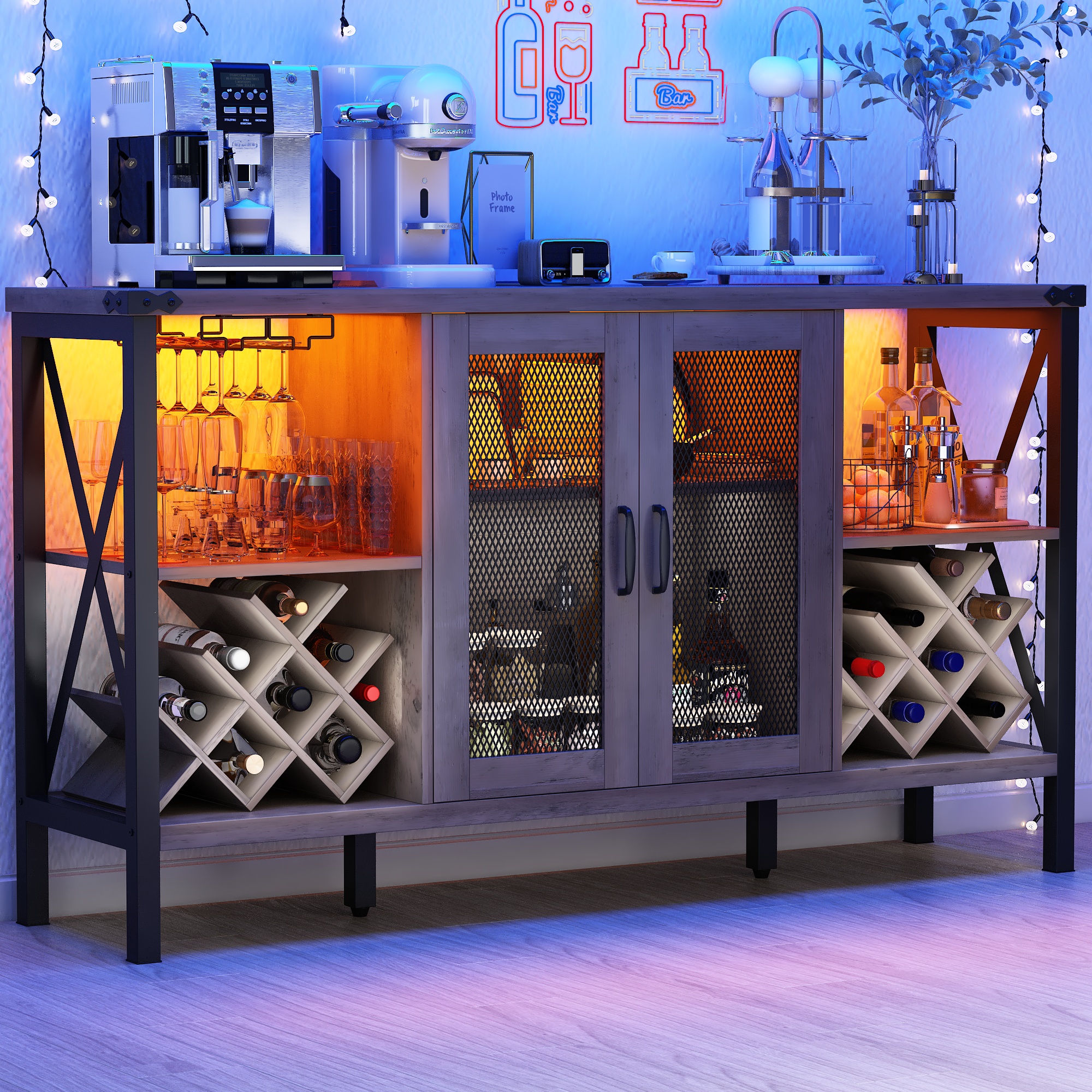 Wine Bar Cabinet with Power Outlet & LED Light, Wine Bar Stand for Liquor & Glass Industrial Coffee Bar Cabinet for Kitchen, Dining Room, Gray
