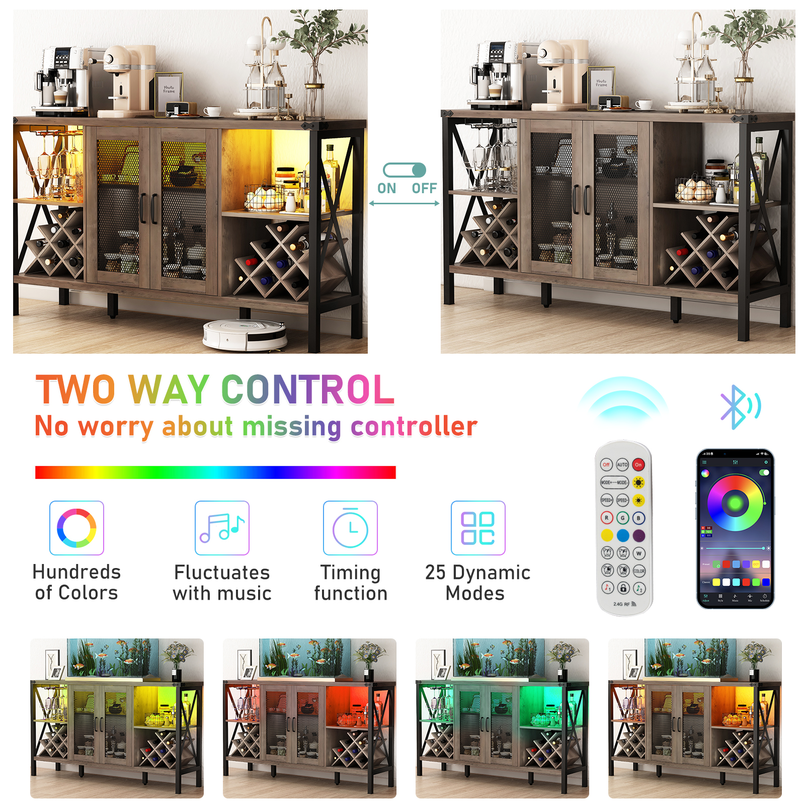 Wine Bar Cabinet with Power Outlet & LED Light, Wine Bar Stand for Liquor & Glass Industrial Coffee Bar Cabinet for Kitchen, Dining Room, Gray