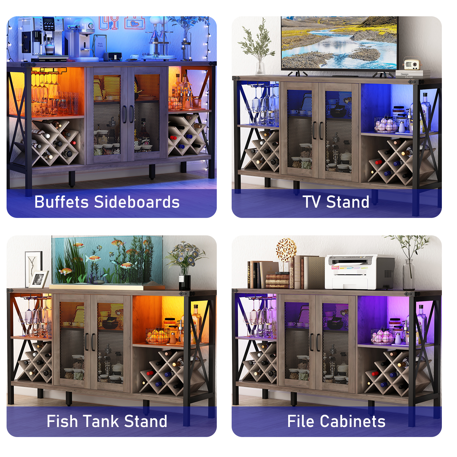 Wine Bar Cabinet with Power Outlet & LED Light, Wine Bar Stand for Liquor & Glass Industrial Coffee Bar Cabinet for Kitchen, Dining Room, Gray