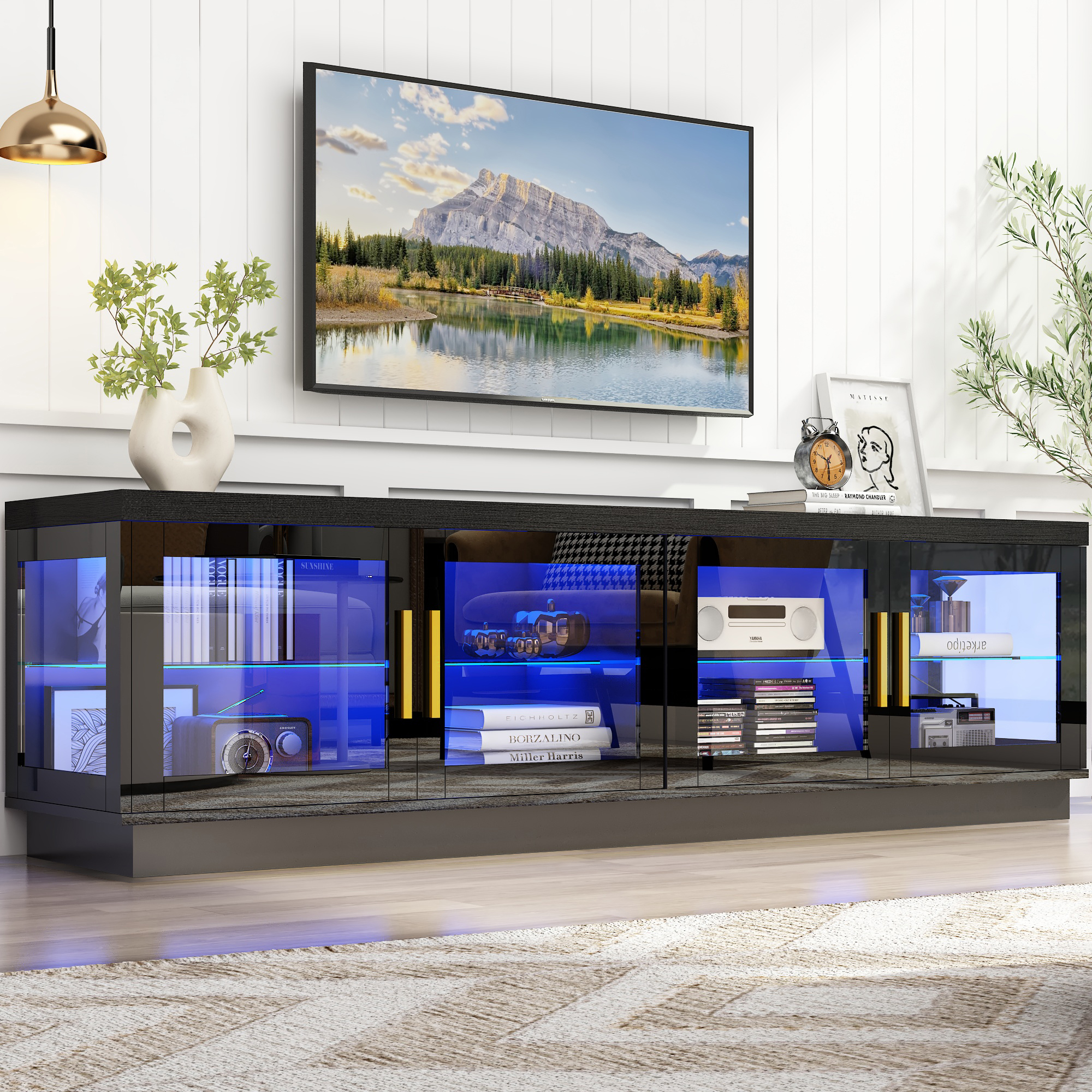 Blotout 70 inch TV Stand for TVs up to 80", RGB LED TV Stand, Tall Modern Entertainment Center, Wood TV Console with Storage Cabinet & Glass Doors & Glass Shelves, High Gloss TV Stand