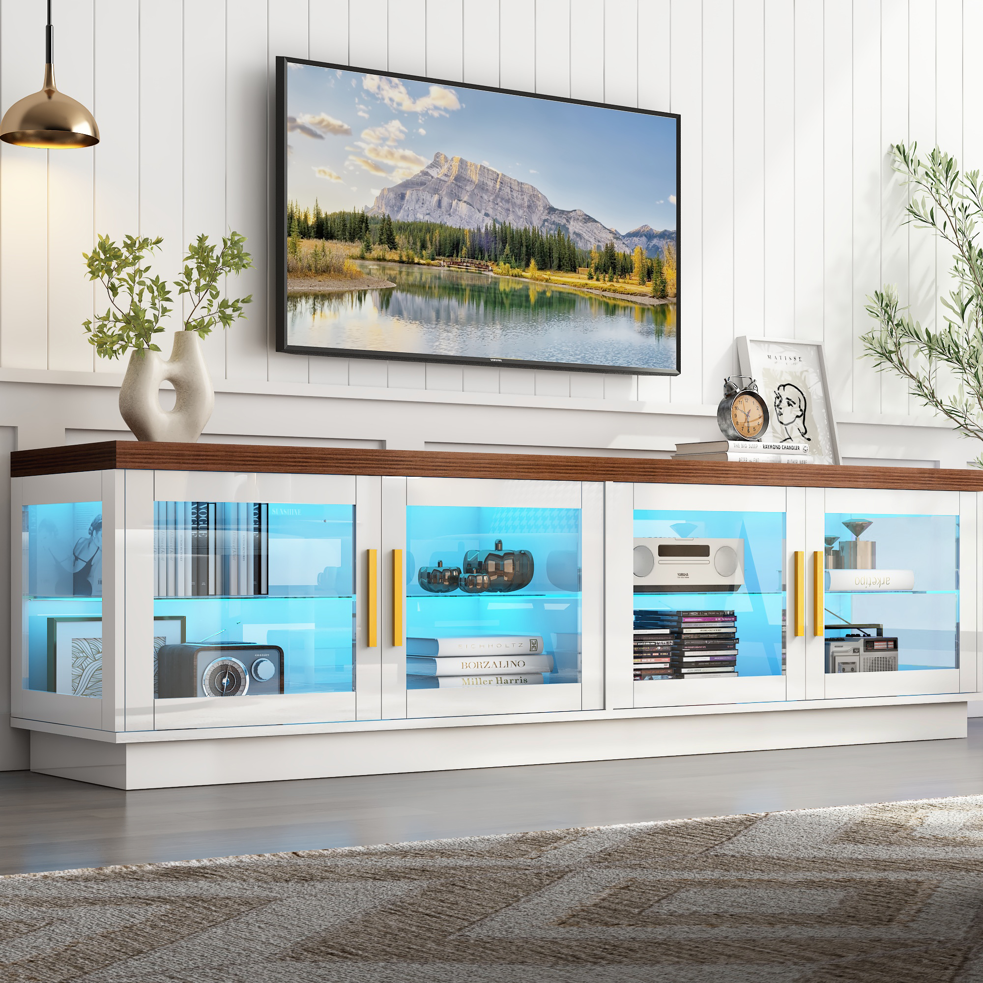 Blotout 70 inch TV Stand for TVs up to 80", RGB LED TV Stand, Tall Modern Entertainment Center, Wood TV Console with Storage Cabinet & Glass Doors & Glass Shelves, High Gloss TV Stand