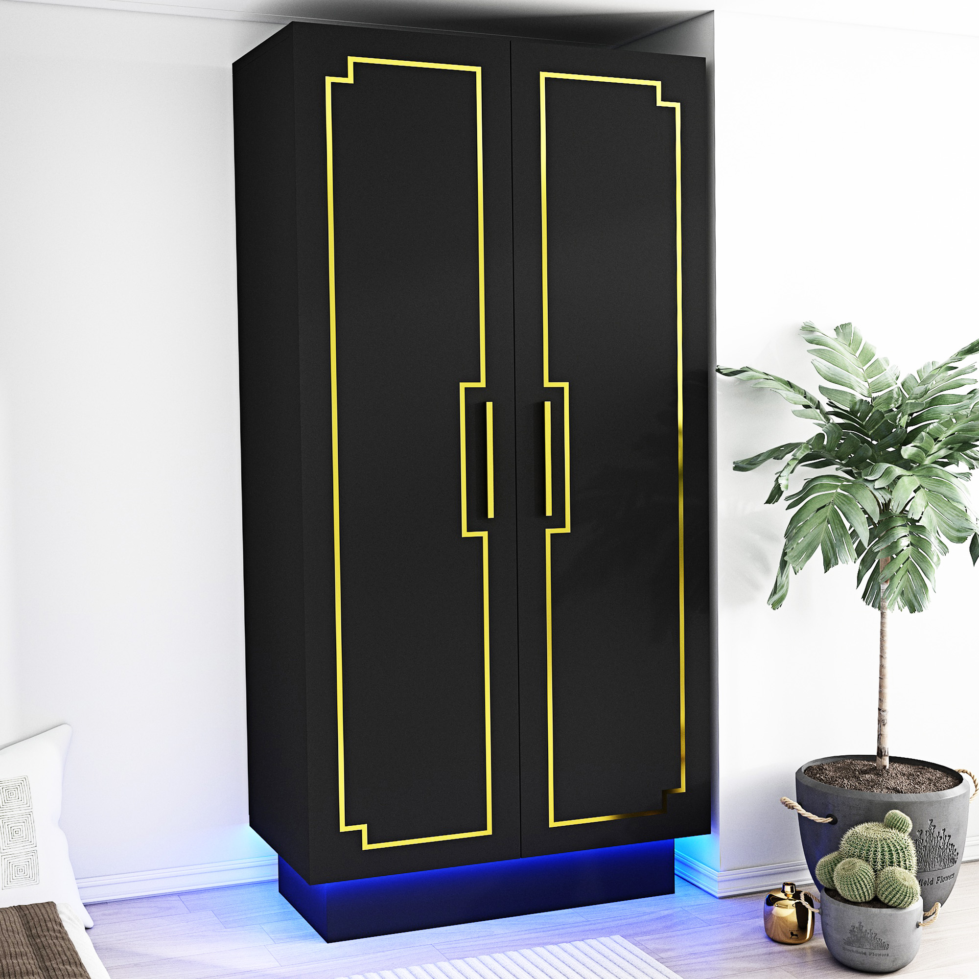 2 Doors Wardrobe Armoire with LED Light