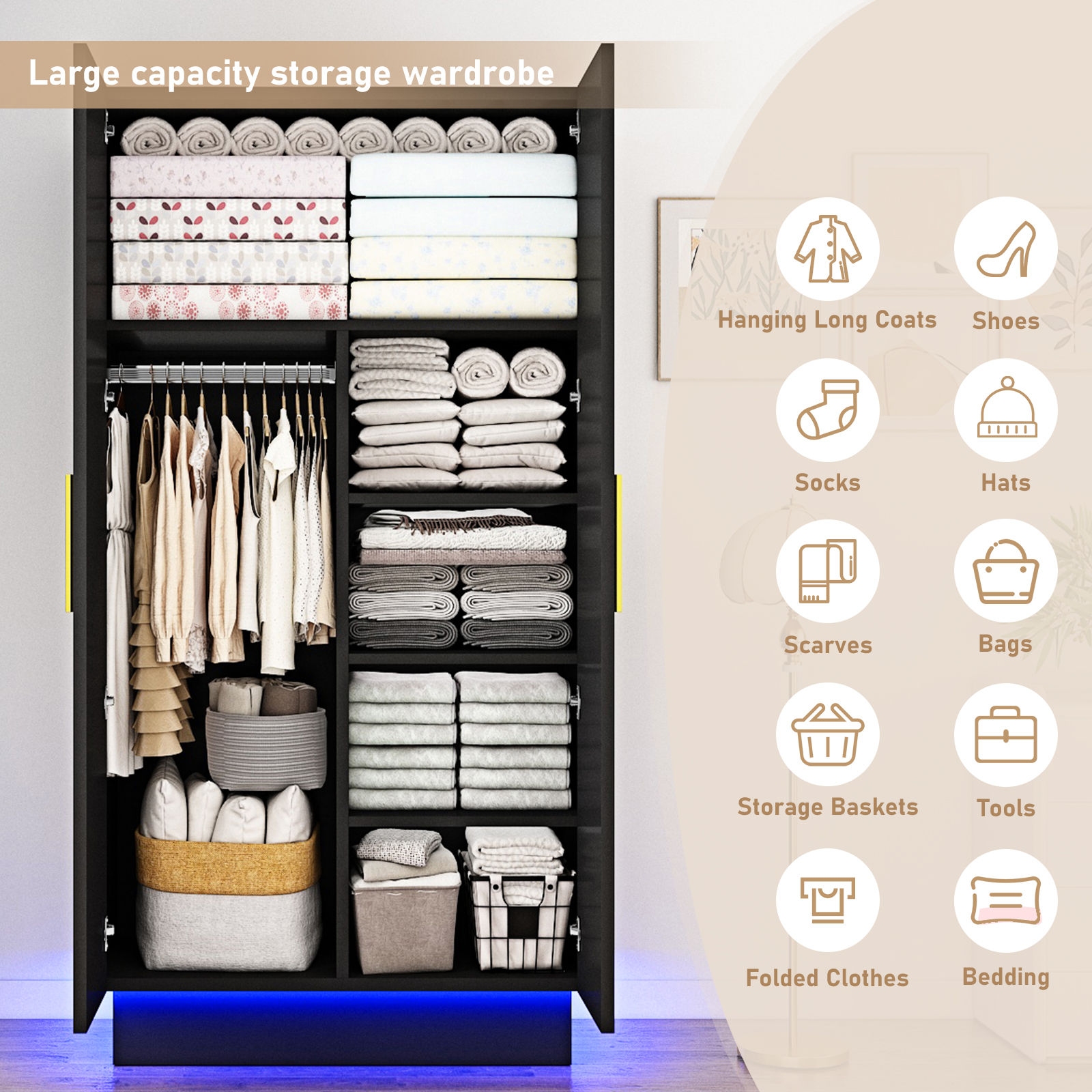 2 Doors Wardrobe Armoire with LED Light