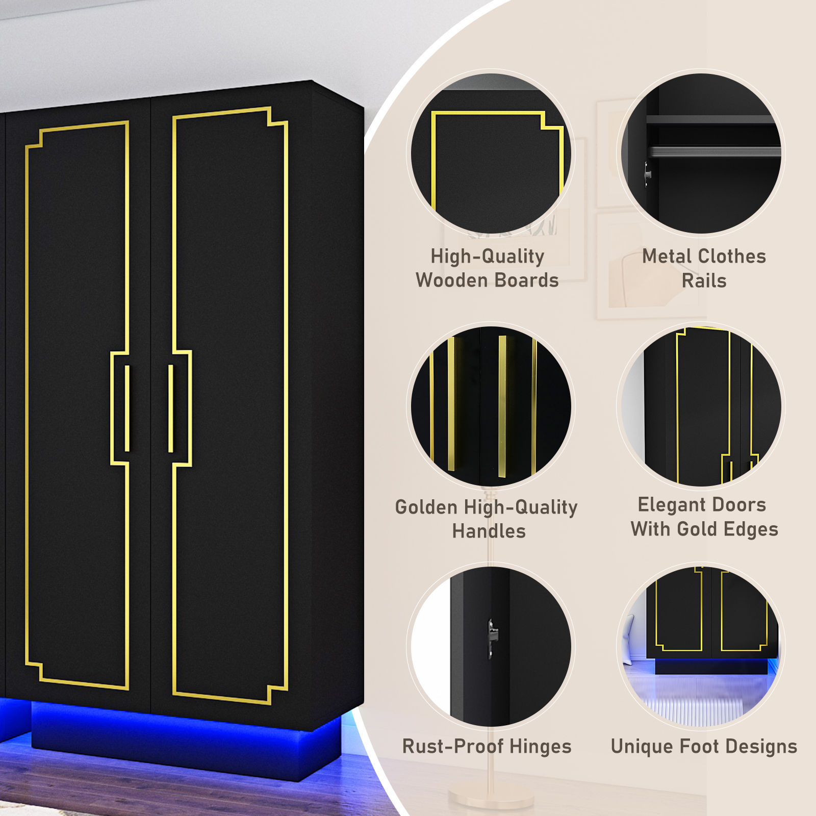 2 Doors Wardrobe Armoire with LED Light