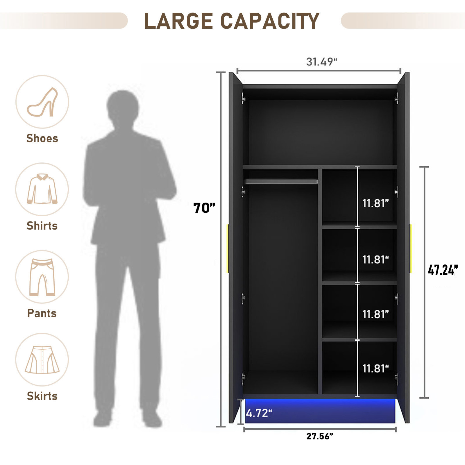 2 Doors Wardrobe Armoire with LED Light
