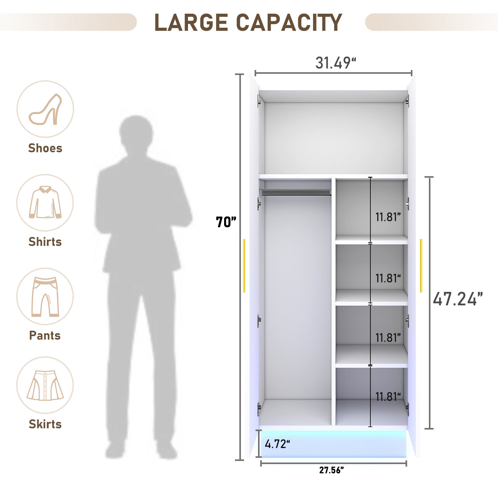2 Doors Wardrobe Armoire with LED Light