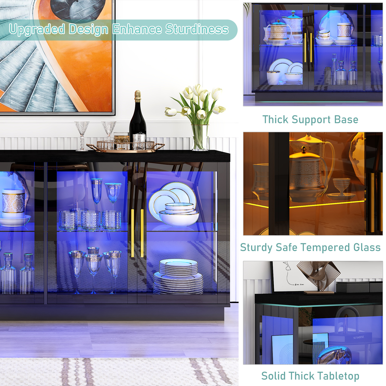 Blotout Storage Coffee Bar Cabinet with Power Outlet & LED Light Wine Bar for Kitchen, Dining Room & Living Room, White