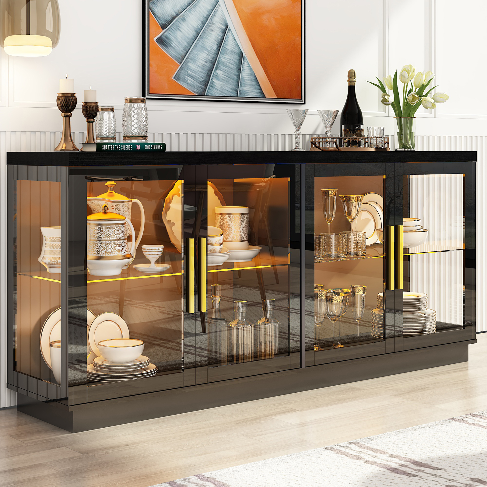 Blotout Storage Coffee Bar Cabinet with Power Outlet & LED Light Wine Bar for Kitchen, Dining Room & Living Room, White