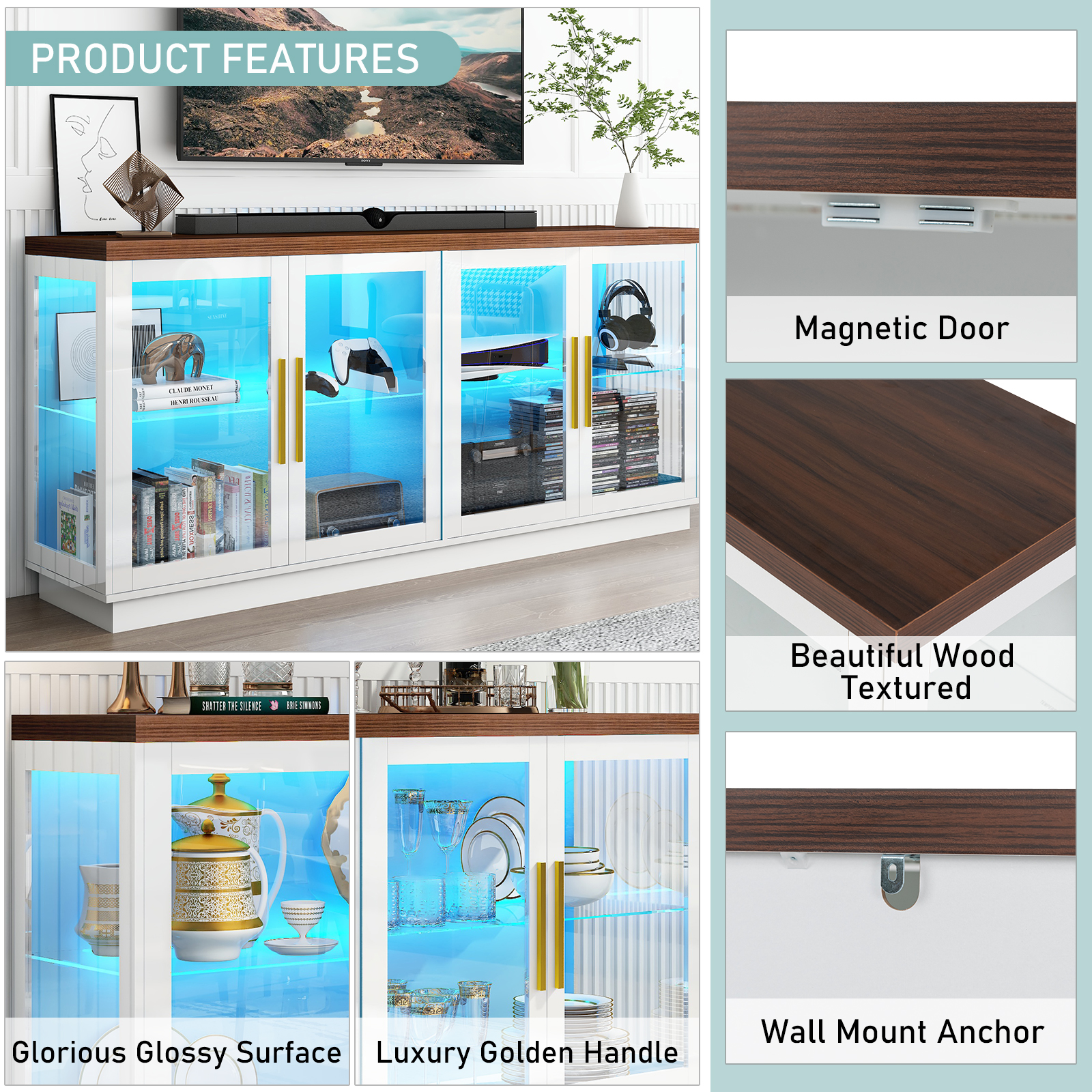 Blotout Storage Coffee Bar Cabinet with Power Outlet & LED Light Wine Bar for Kitchen, Dining Room & Living Room, White