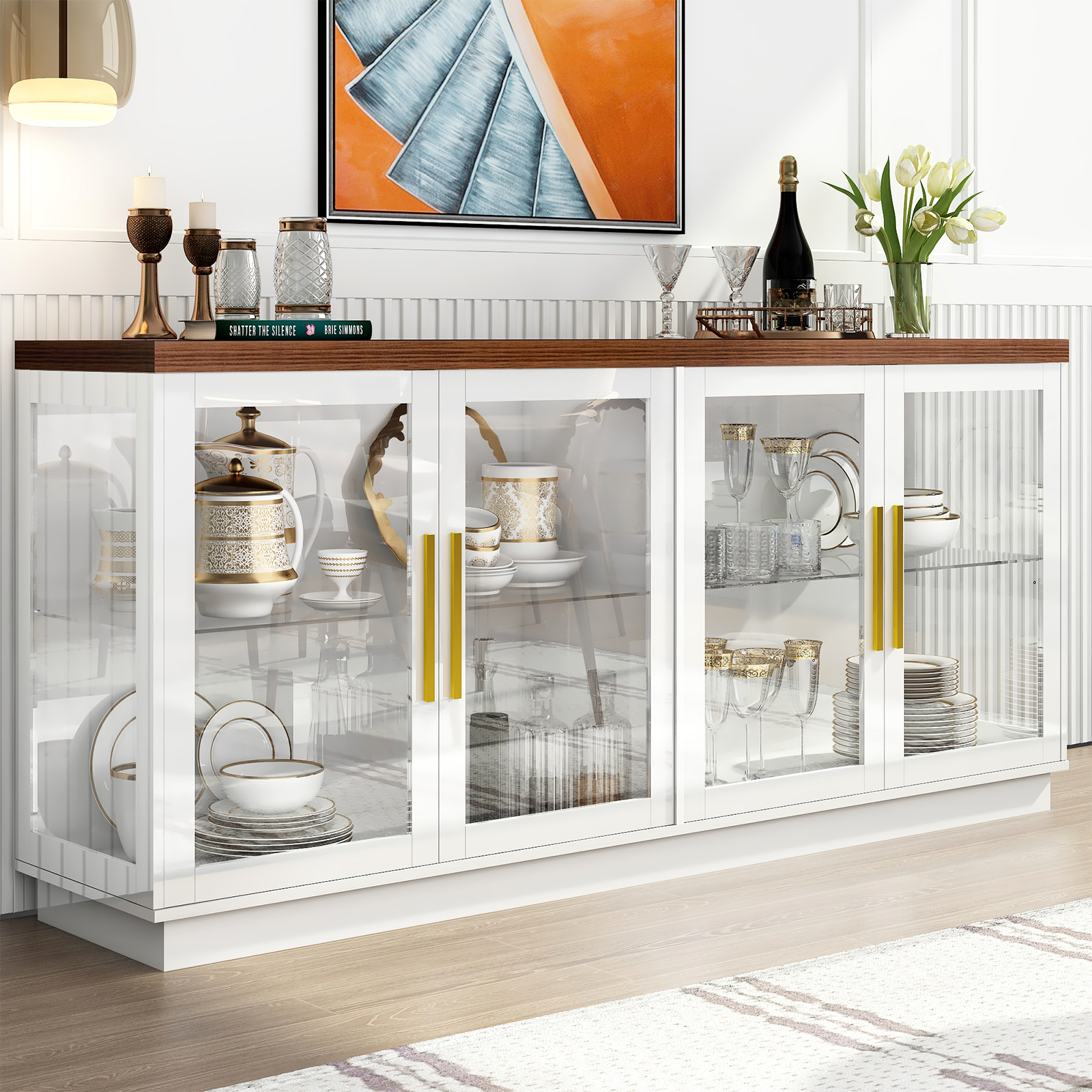 Blotout Storage Coffee Bar Cabinet with Power Outlet & LED Light Wine Bar for Kitchen, Dining Room & Living Room, White