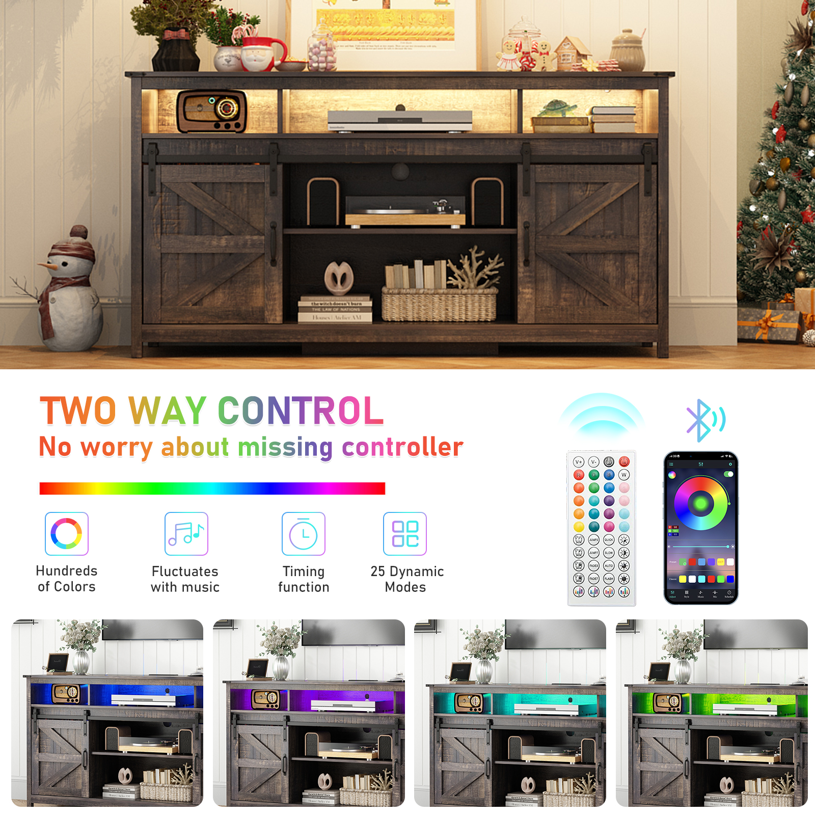 Blotout Farmhouse Barn Door LED TV Stand for 65/70inch TV with Power Outlets, TV Entertainment Center with Open Storage Cabinet/Sliding Barn Door for Living Room, Charcoal