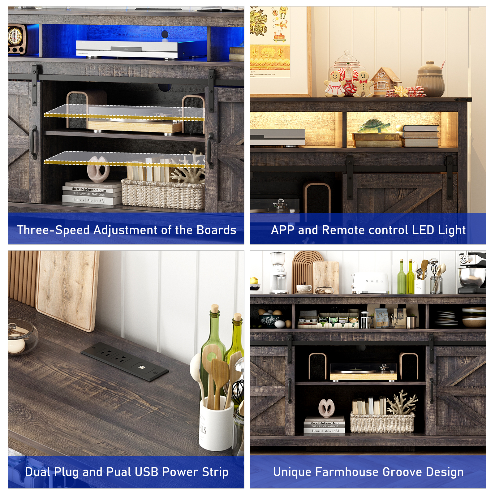 Blotout Farmhouse Barn Door LED TV Stand for 65/70inch TV with Power Outlets, TV Entertainment Center with Open Storage Cabinet/Sliding Barn Door for Living Room, Charcoal