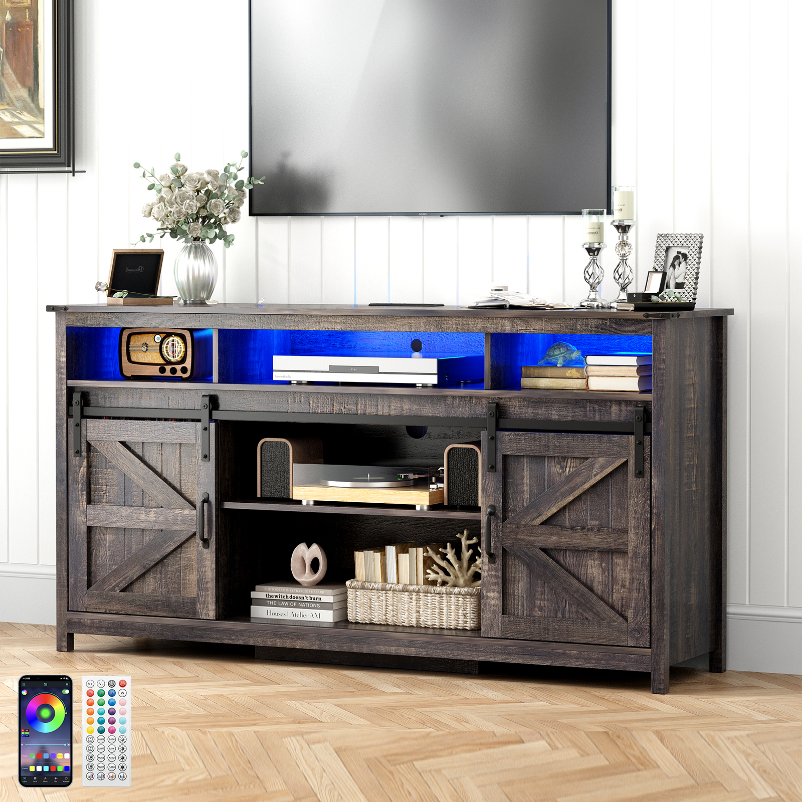 Blotout Farmhouse Barn Door LED TV Stand for 65/70inch TV with Power Outlets, TV Entertainment Center with Open Storage Cabinet/Sliding Barn Door for Living Room, Charcoal