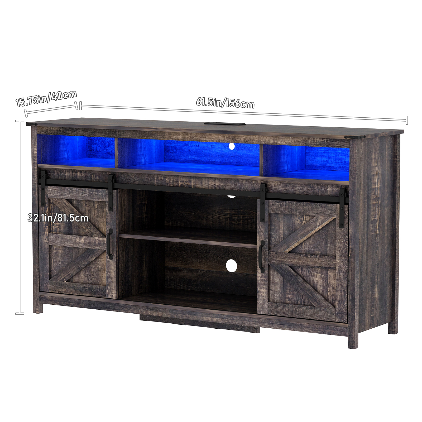 Blotout Farmhouse Barn Door LED TV Stand for 65/70inch TV with Power Outlets, TV Entertainment Center with Open Storage Cabinet/Sliding Barn Door for Living Room, Charcoal